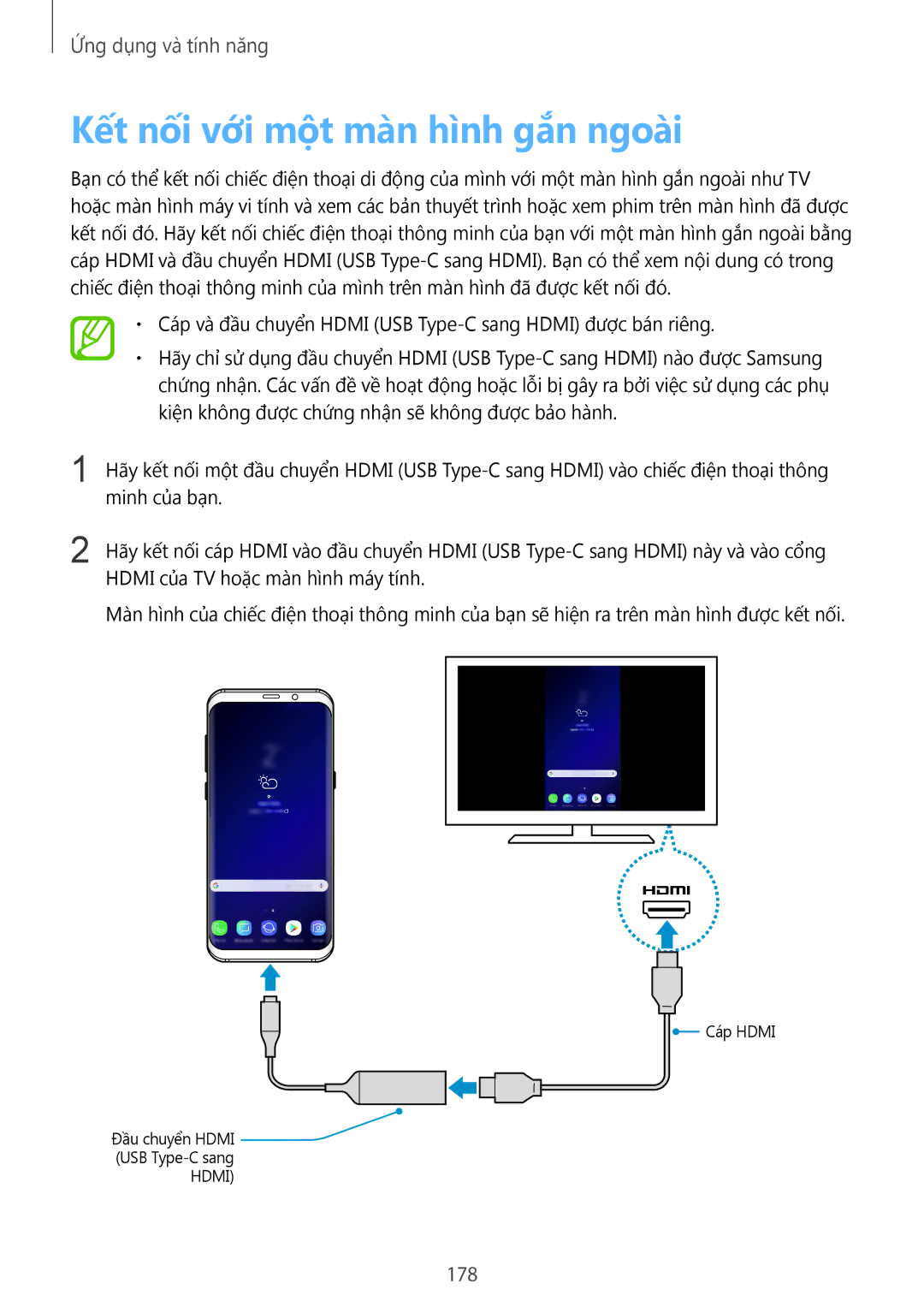 Samsung SM-G965FZBDXXV, SM-G965FZKDXXV, SM-G965FZKGXXV, SM-G965FZPDXXV manual Kết nối với một màn hình gắn ngoài, 178 