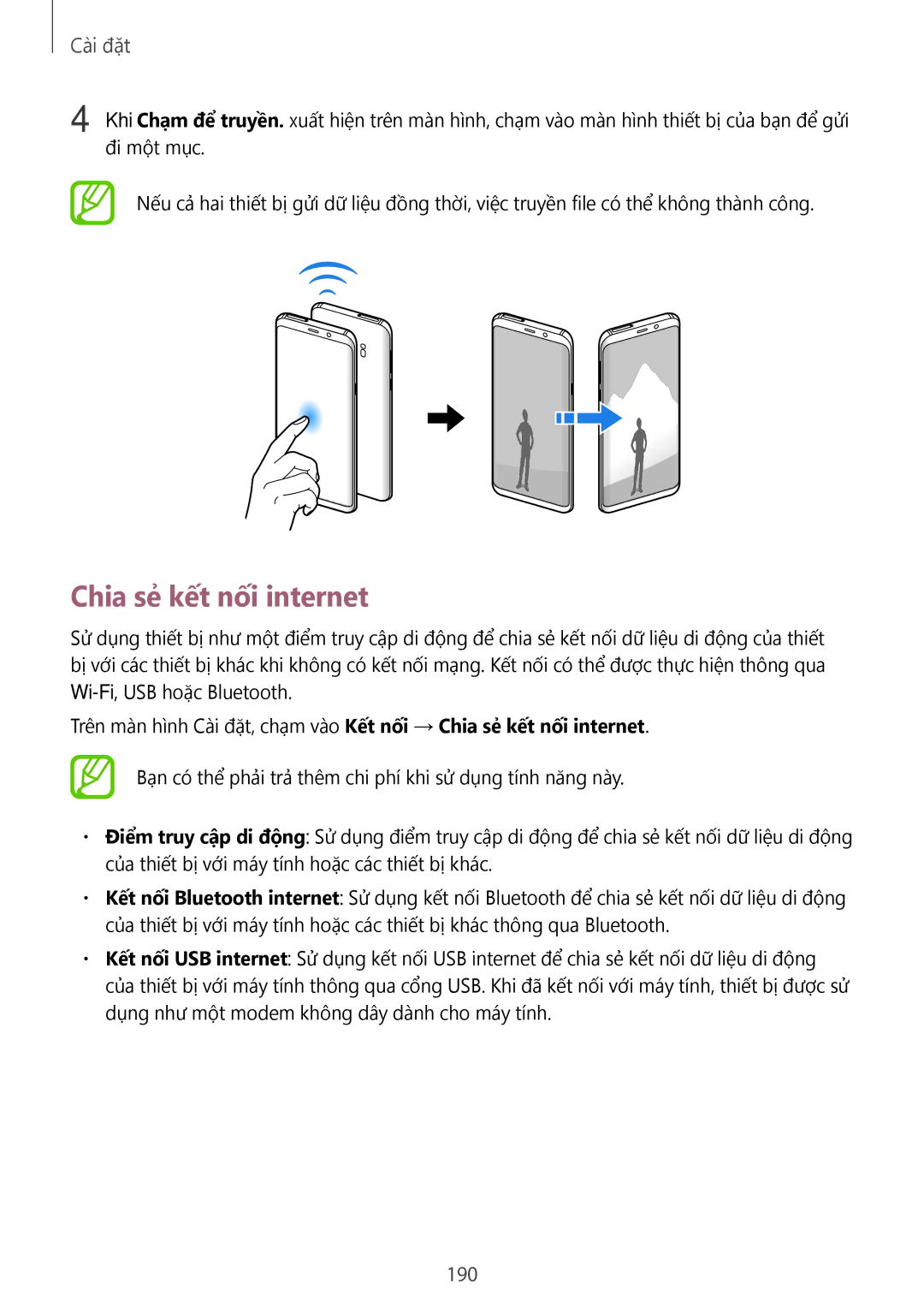 Samsung SM-G965FZBDXXV, SM-G965FZKDXXV, SM-G965FZKGXXV, SM-G965FZPDXXV manual Chia sẻ kết nối internet, 190 