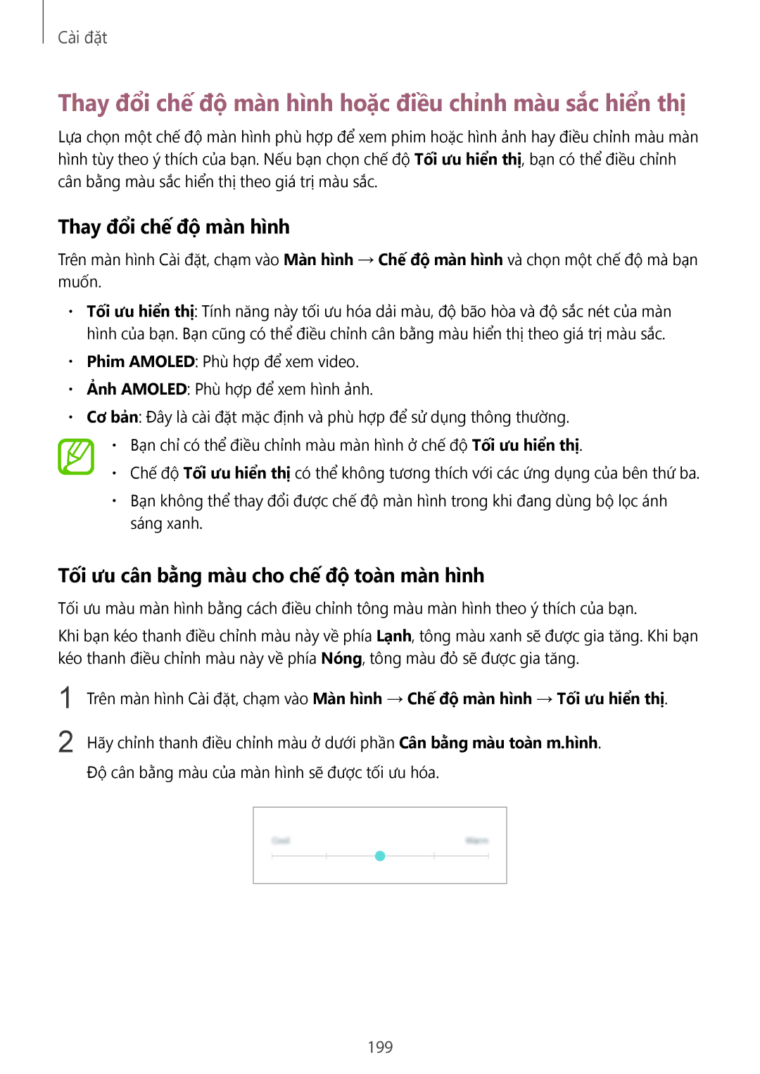 Samsung SM-G965FZPDXXV, SM-G965FZKDXXV, SM-G965FZKGXXV manual Thay đổi chế độ màn hình hoặc điều chỉnh màu sắc hiển thị, 199 
