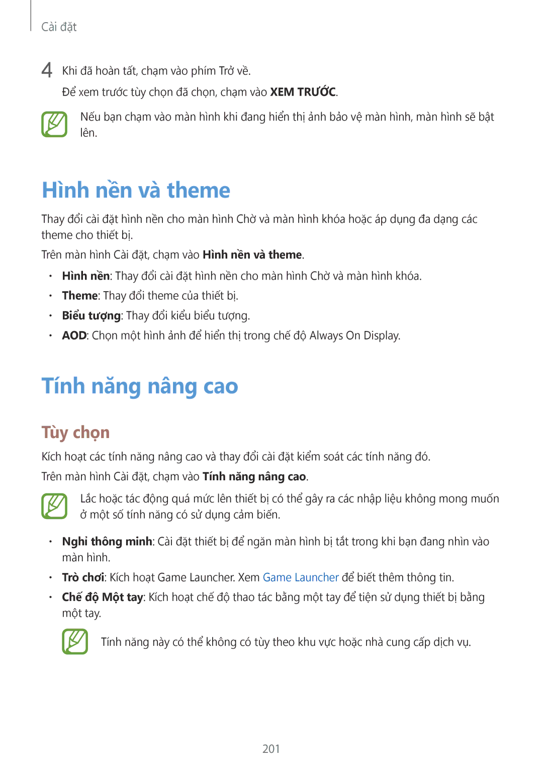 Samsung SM-G965FZKGXXV, SM-G965FZKDXXV, SM-G965FZBDXXV, SM-G965FZPDXXV manual Hình nền và theme, Tính năng nâng cao, 201 