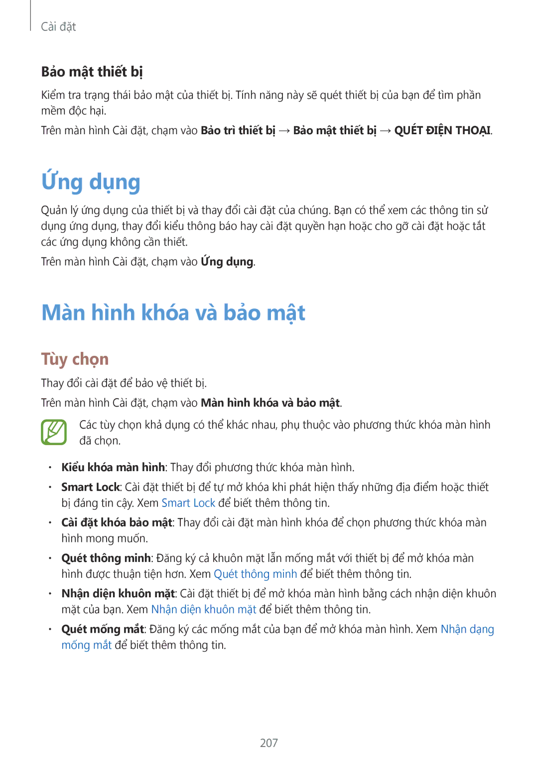 Samsung SM-G965FZPDXXV, SM-G965FZKDXXV, SM-G965FZKGXXV manual Ứng dụng, Màn hình khóa và bảo mật, Bảo mật thiết bị, 207 