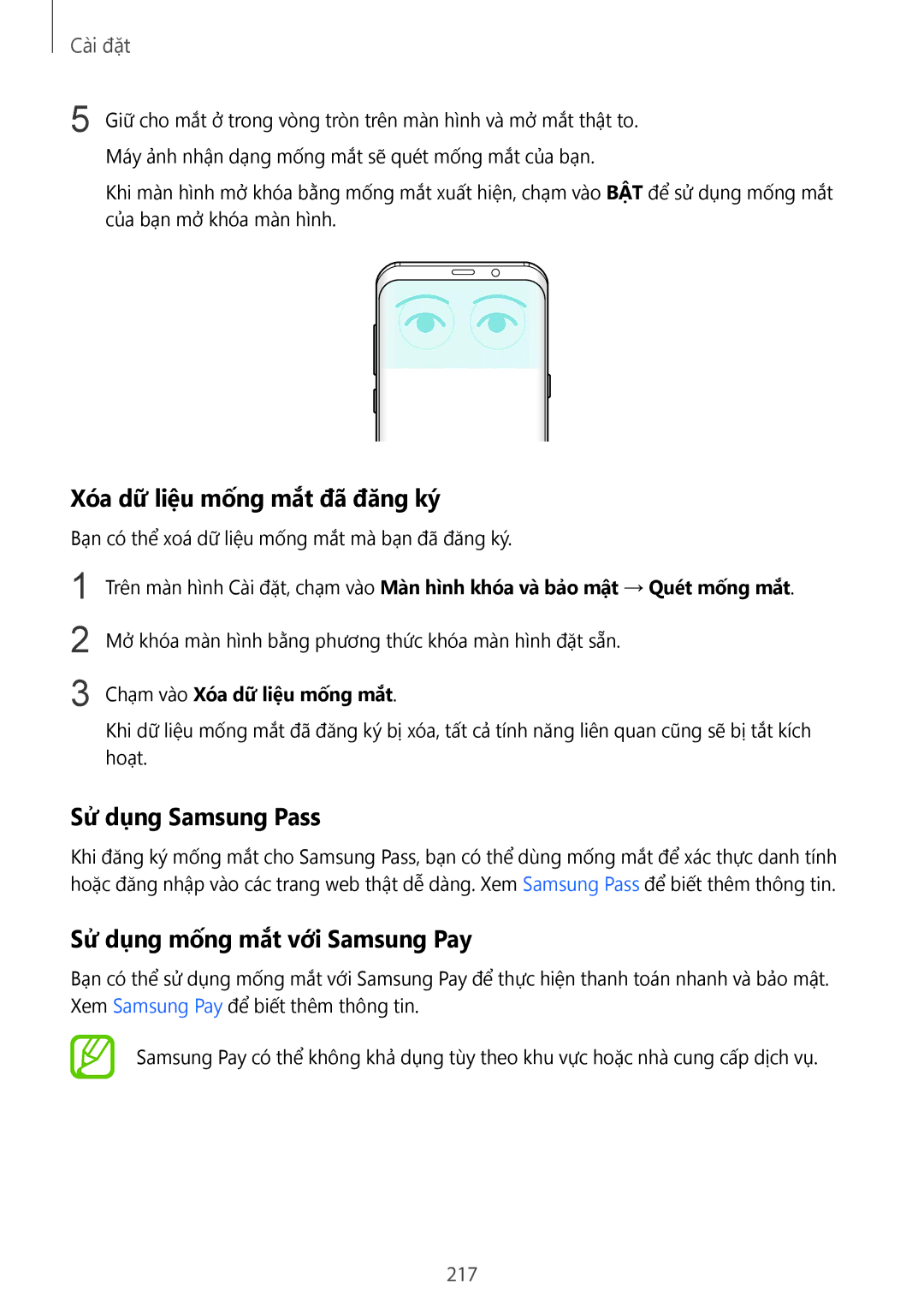 Samsung SM-G965FZKGXXV manual Xóa dữ liệu mống mắt đã đăng ký, Sử dụng Samsung Pass, Sử dụng mống mắt với Samsung Pay, 217 