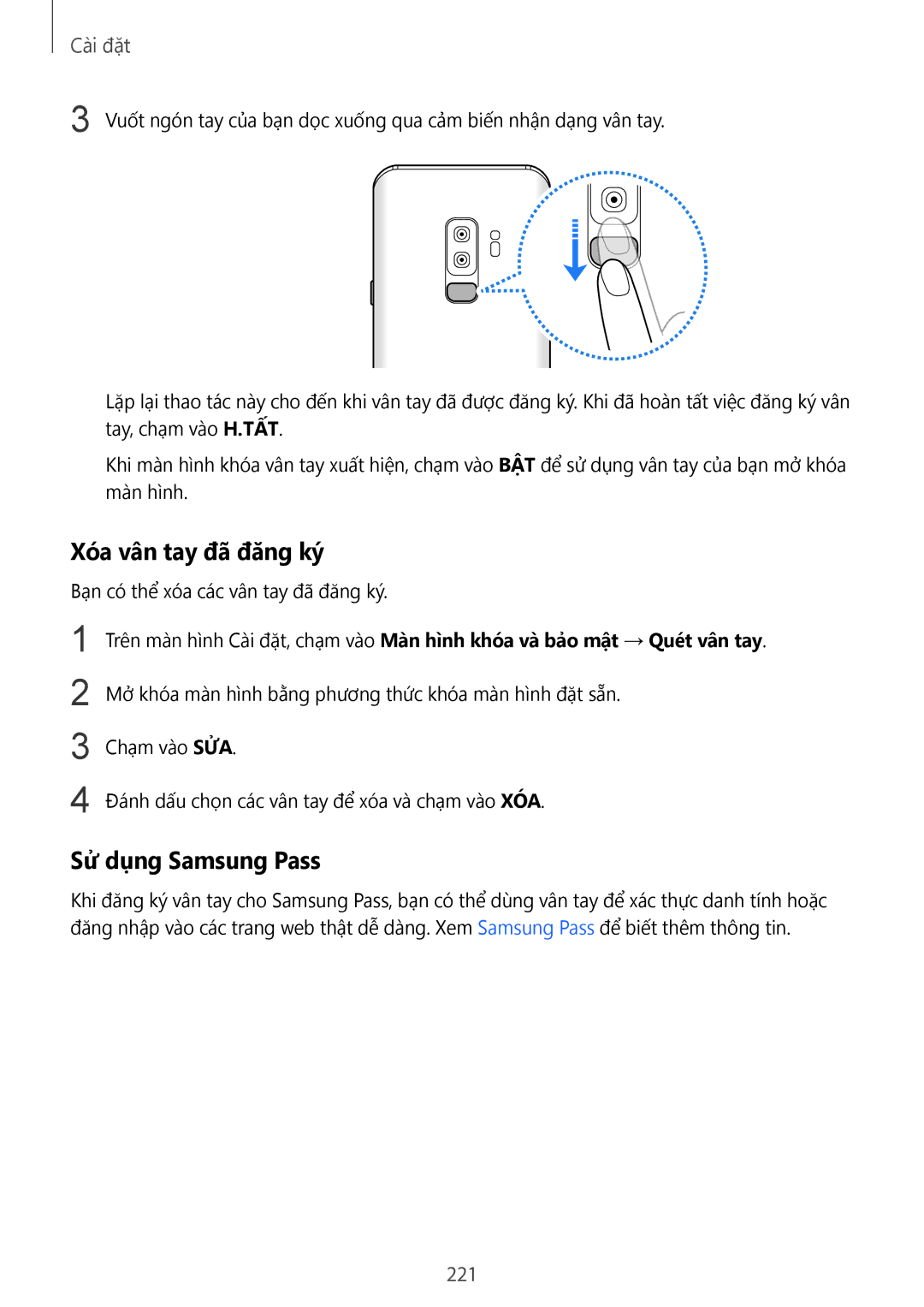 Samsung SM-G965FZKGXXV, SM-G965FZKDXXV, SM-G965FZBDXXV, SM-G965FZPDXXV manual Xóa vân tay đã đăng ký, 221 