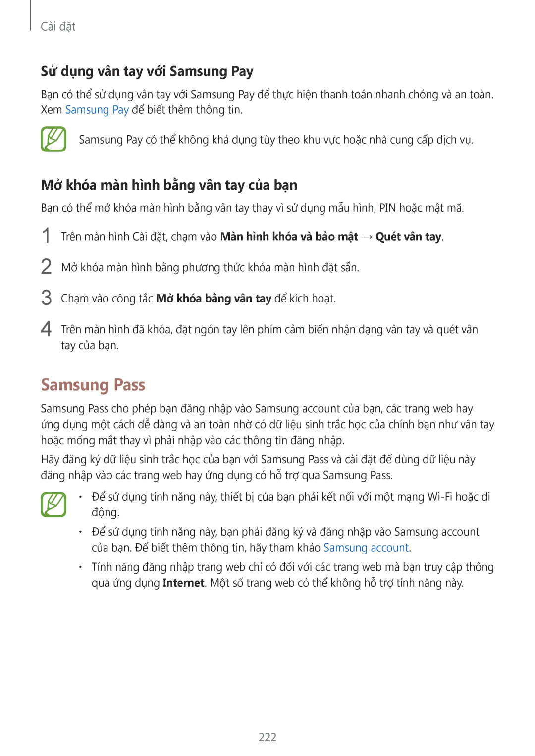 Samsung SM-G965FZBDXXV manual Samsung Pass, Sử dụng vân tay với Samsung Pay, Mở khóa màn hình bằng vân tay của bạn, 222 