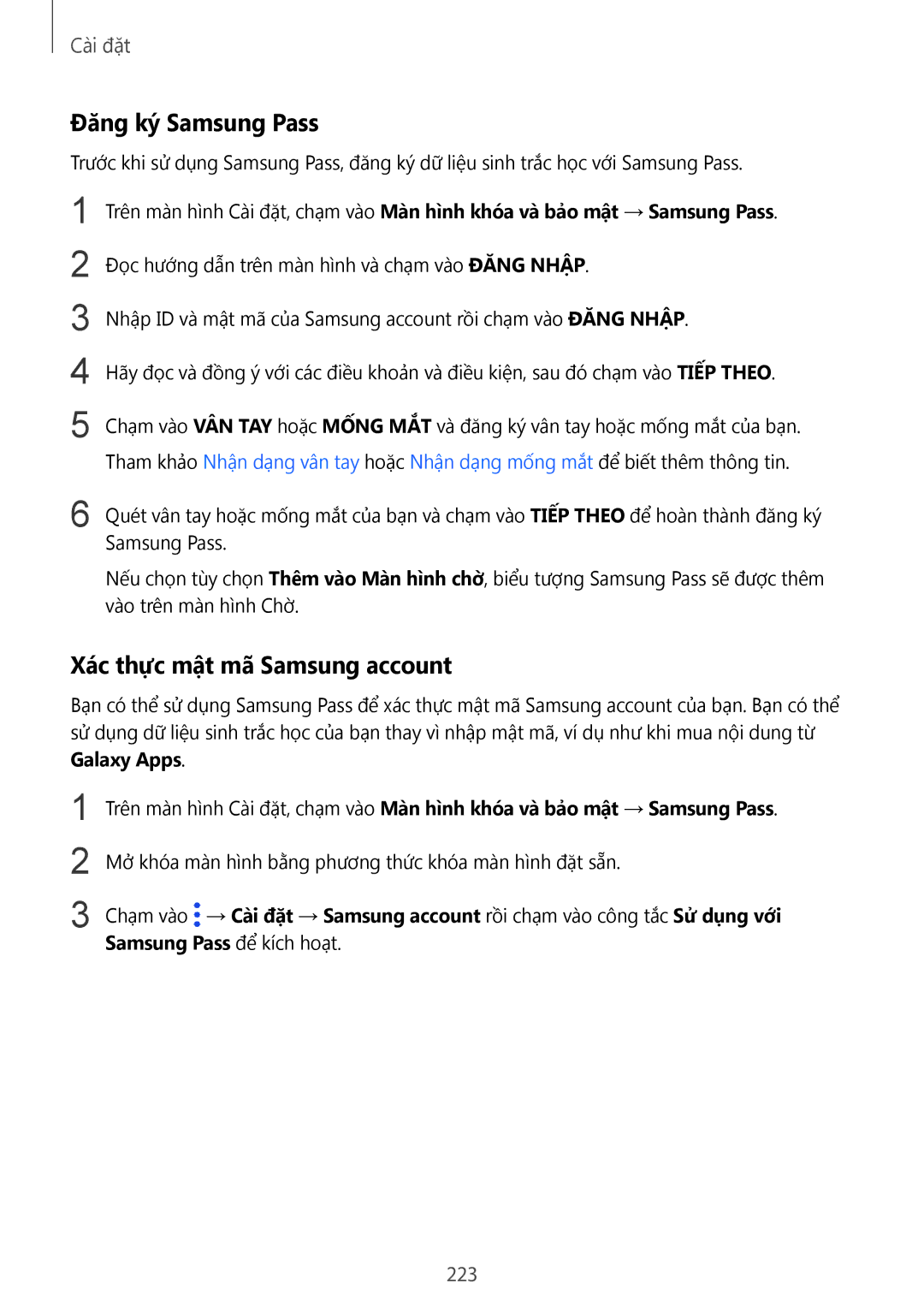 Samsung SM-G965FZPDXXV, SM-G965FZKDXXV, SM-G965FZKGXXV manual Đăng ký Samsung Pass, Xác thực mật mã Samsung account, 223 