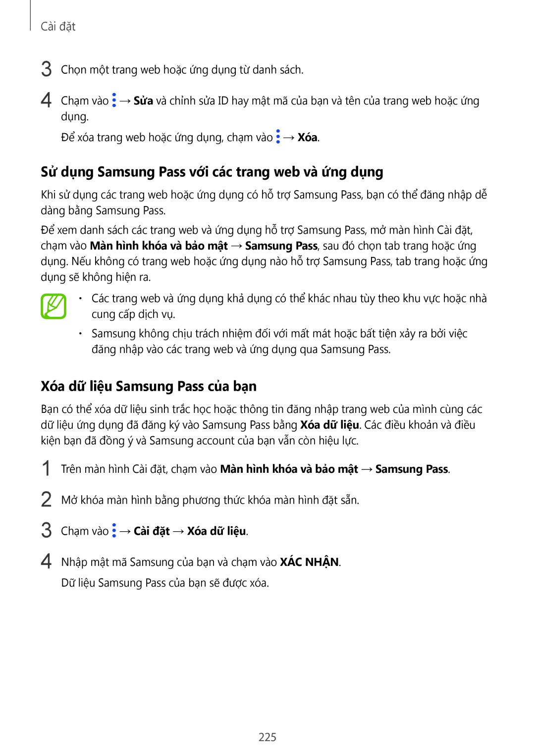 Samsung SM-G965FZKGXXV manual Sử dụng Samsung Pass với các trang web và ứng dụng, Xóa dữ liệu Samsung Pass của bạn, 225 