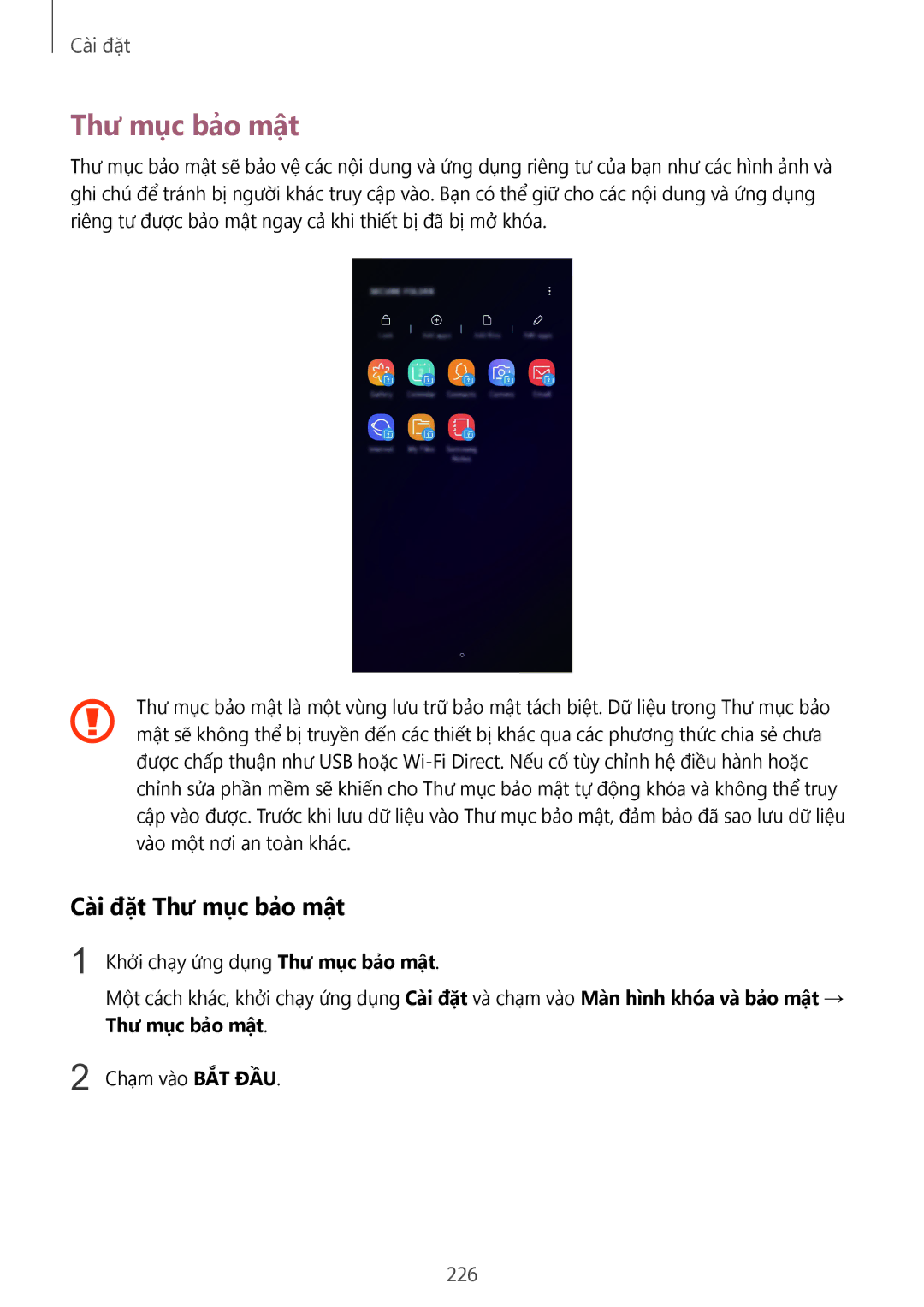 Samsung SM-G965FZBDXXV, SM-G965FZKDXXV, SM-G965FZKGXXV, SM-G965FZPDXXV manual Cài đặt Thư mục bảo mật, 226 