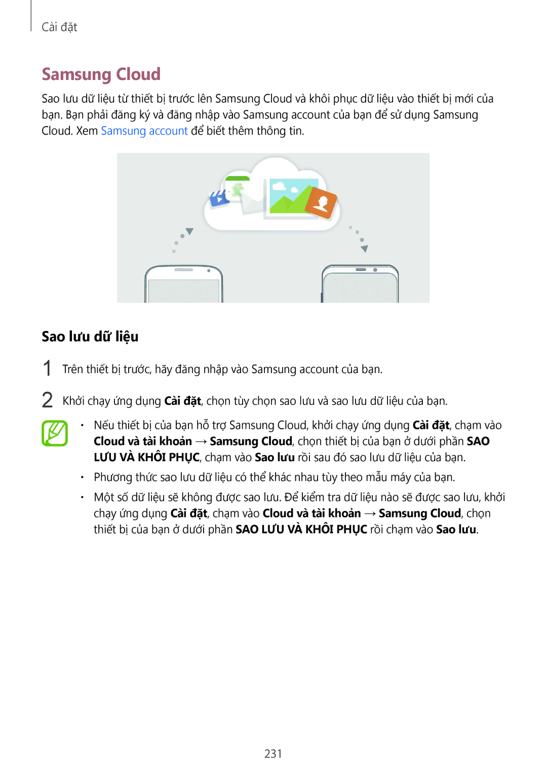 Samsung SM-G965FZPDXXV, SM-G965FZKDXXV, SM-G965FZKGXXV, SM-G965FZBDXXV manual Samsung Cloud, Sao lưu dữ liệu, 231 