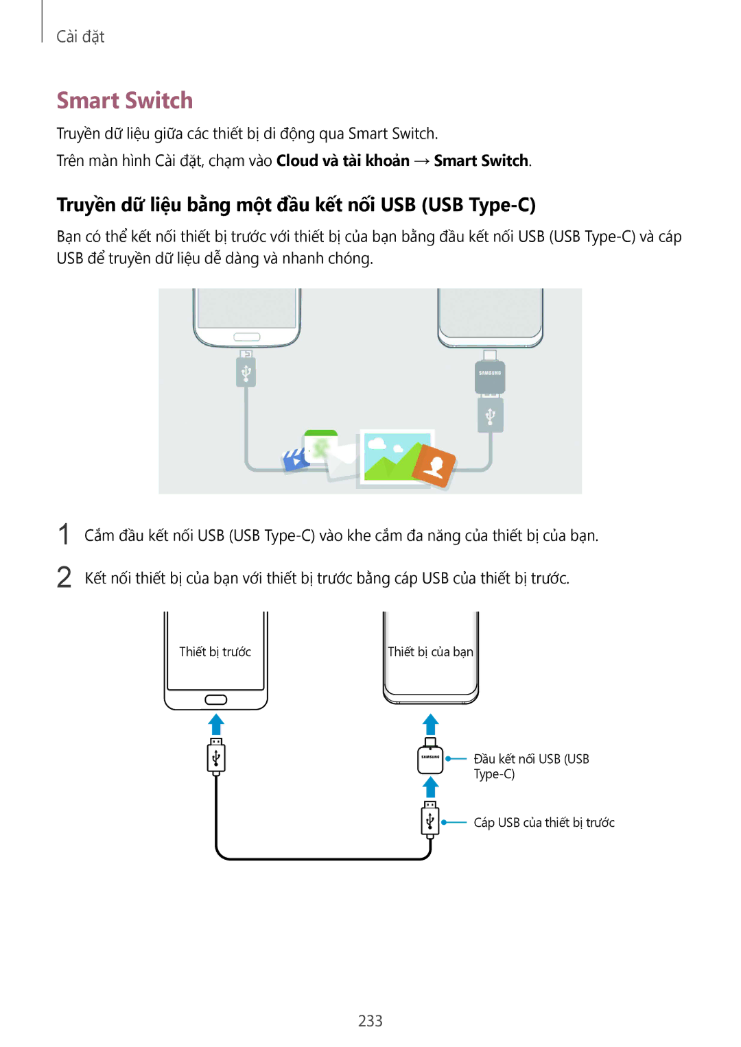 Samsung SM-G965FZKGXXV, SM-G965FZKDXXV manual Smart Switch, Truyền dữ liệu bằng một đầu kết nối USB USB Type-C, 233 