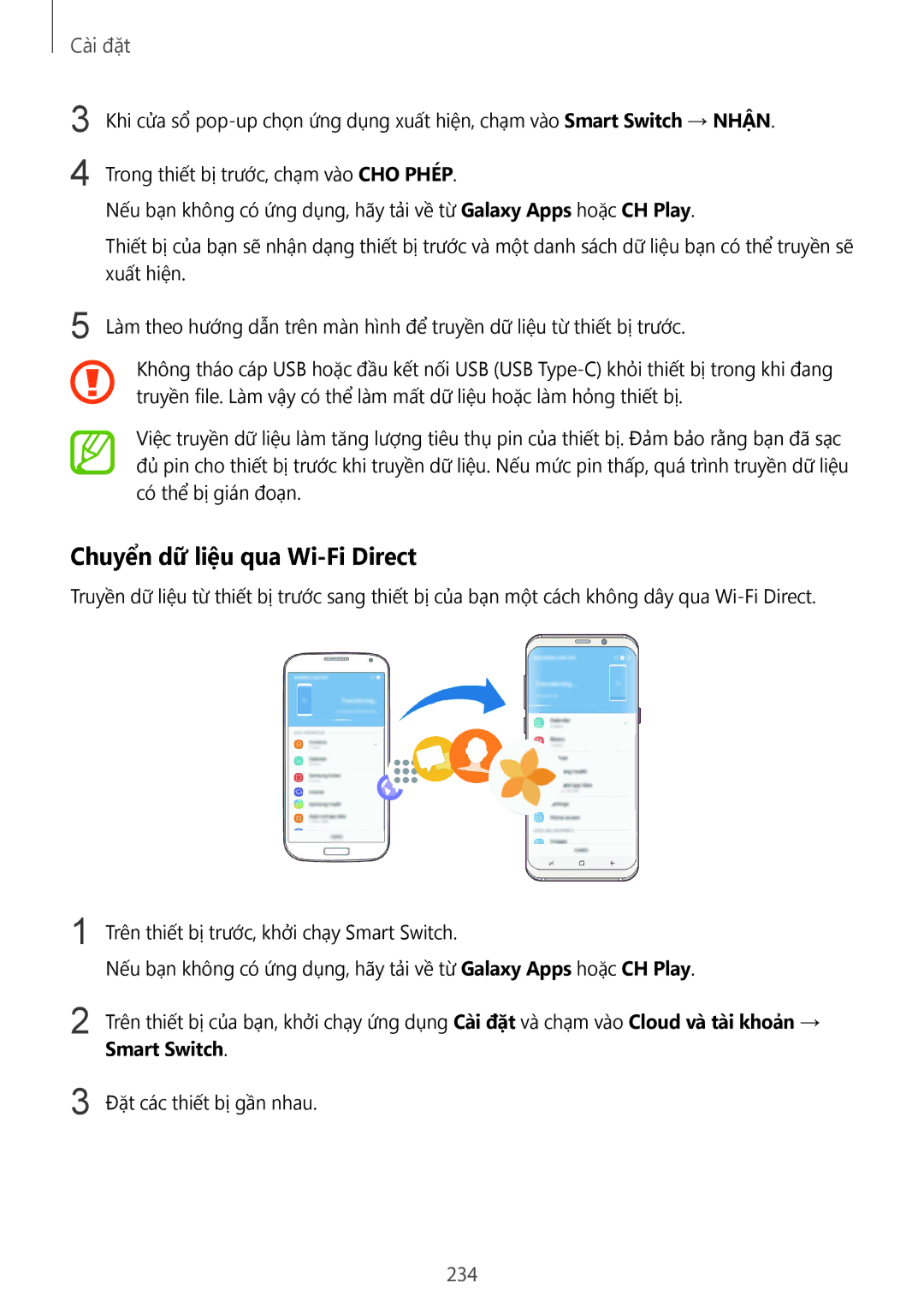 Samsung SM-G965FZBDXXV, SM-G965FZKDXXV, SM-G965FZKGXXV, SM-G965FZPDXXV Chuyển dữ liệu qua Wi-Fi Direct, 234, Smart Switch 