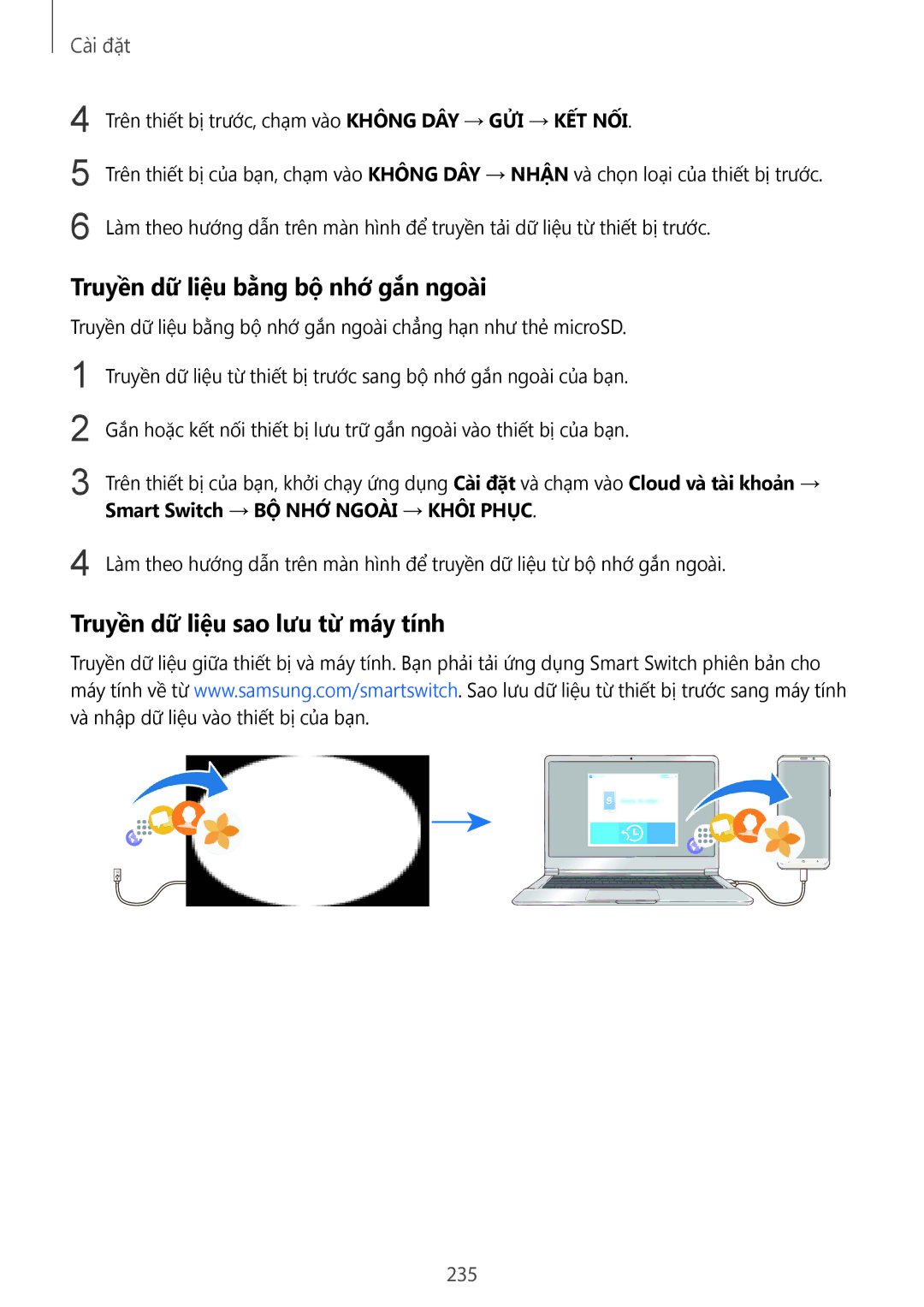 Samsung SM-G965FZPDXXV, SM-G965FZKDXXV manual Truyền dữ liệu bằng bộ nhớ gắn ngoài, Truyền dữ liệu sao lưu từ máy tính, 235 