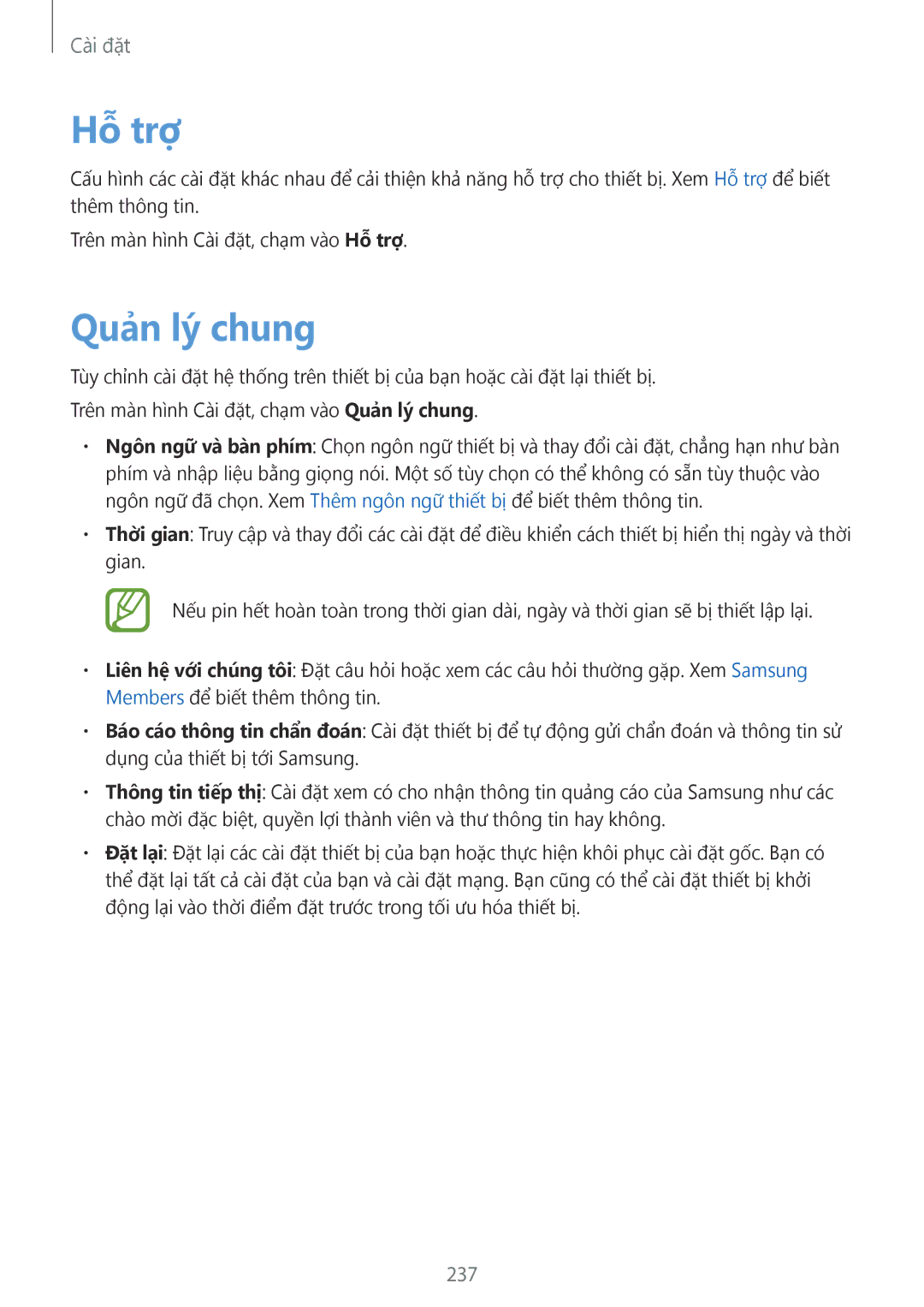 Samsung SM-G965FZKGXXV, SM-G965FZKDXXV, SM-G965FZBDXXV, SM-G965FZPDXXV manual Hỗ trợ, Quản lý chung, 237 