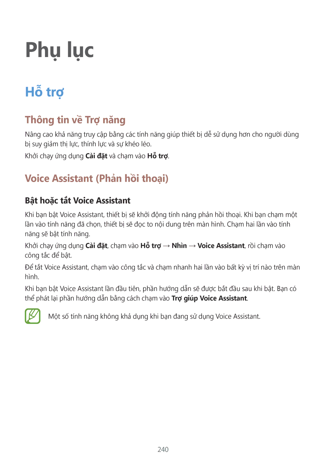 Samsung SM-G965FZKDXXV manual Thông tin về Trợ năng, Voice Assistant Phản hồi thoại, Bật hoặc tắt Voice Assistant, 240 