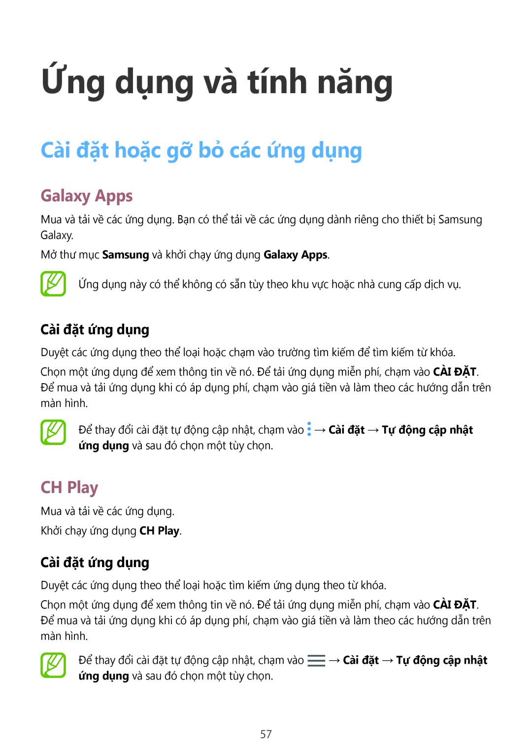 Samsung SM-G965FZKGXXV, SM-G965FZKDXXV manual Cài đặt hoặc gỡ bỏ các ứng dụng, Galaxy Apps, CH Play, Cài đặt ứng dụng 