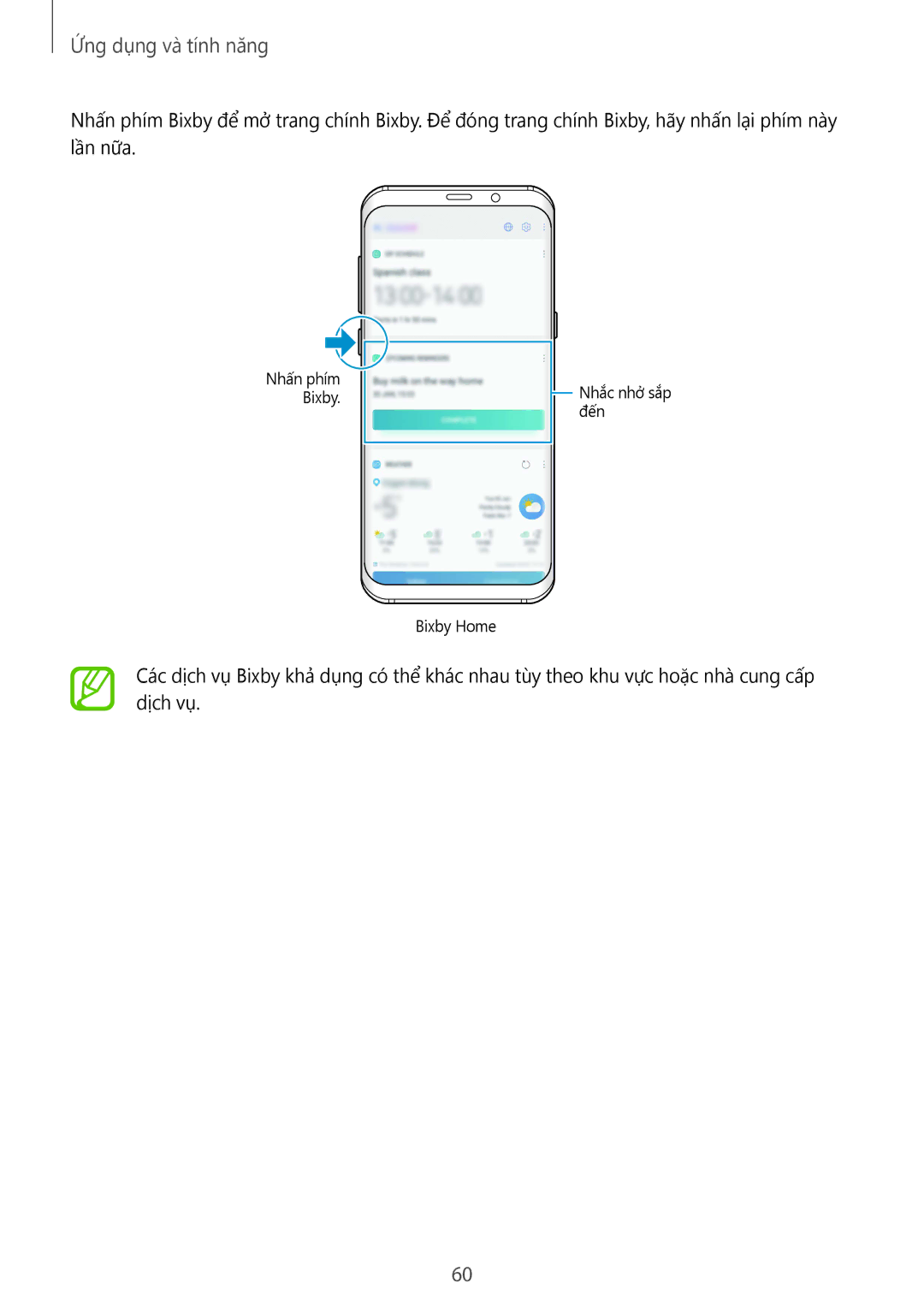 Samsung SM-G965FZKDXXV, SM-G965FZKGXXV, SM-G965FZBDXXV, SM-G965FZPDXXV manual Nhấn phím Bixby Nhắc nhở sắp đến Bixby Home 