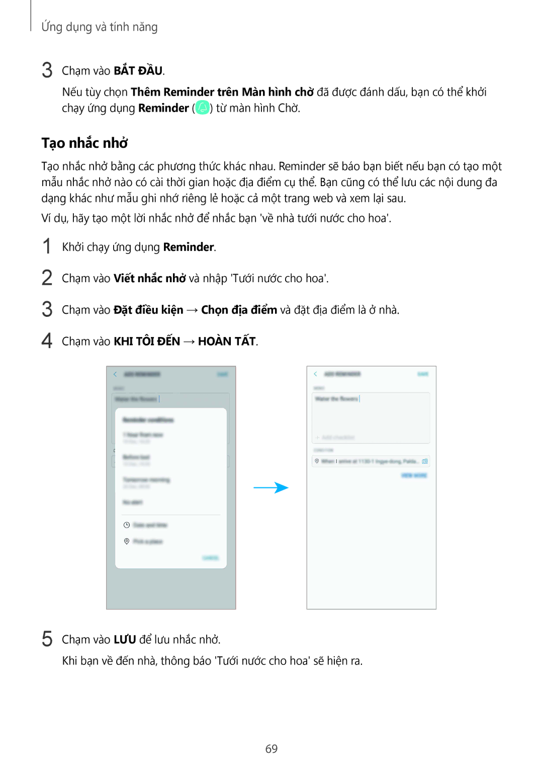 Samsung SM-G965FZKGXXV, SM-G965FZKDXXV, SM-G965FZBDXXV, SM-G965FZPDXXV manual Tạo nhắc nhở, Chạm vào KHI TÔI ĐẾN → Hoan TÂT 