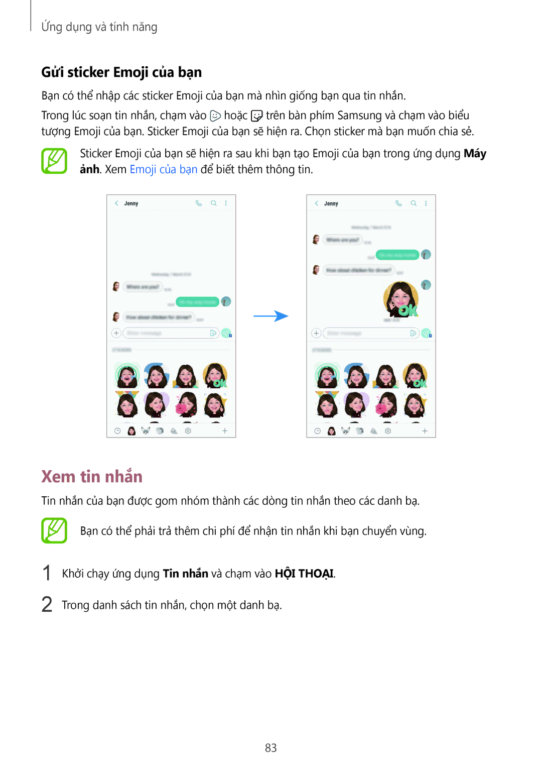 Samsung SM-G965FZPDXXV, SM-G965FZKDXXV, SM-G965FZKGXXV, SM-G965FZBDXXV manual Xem tin nhắn, Gửi sticker Emoji của bạn 