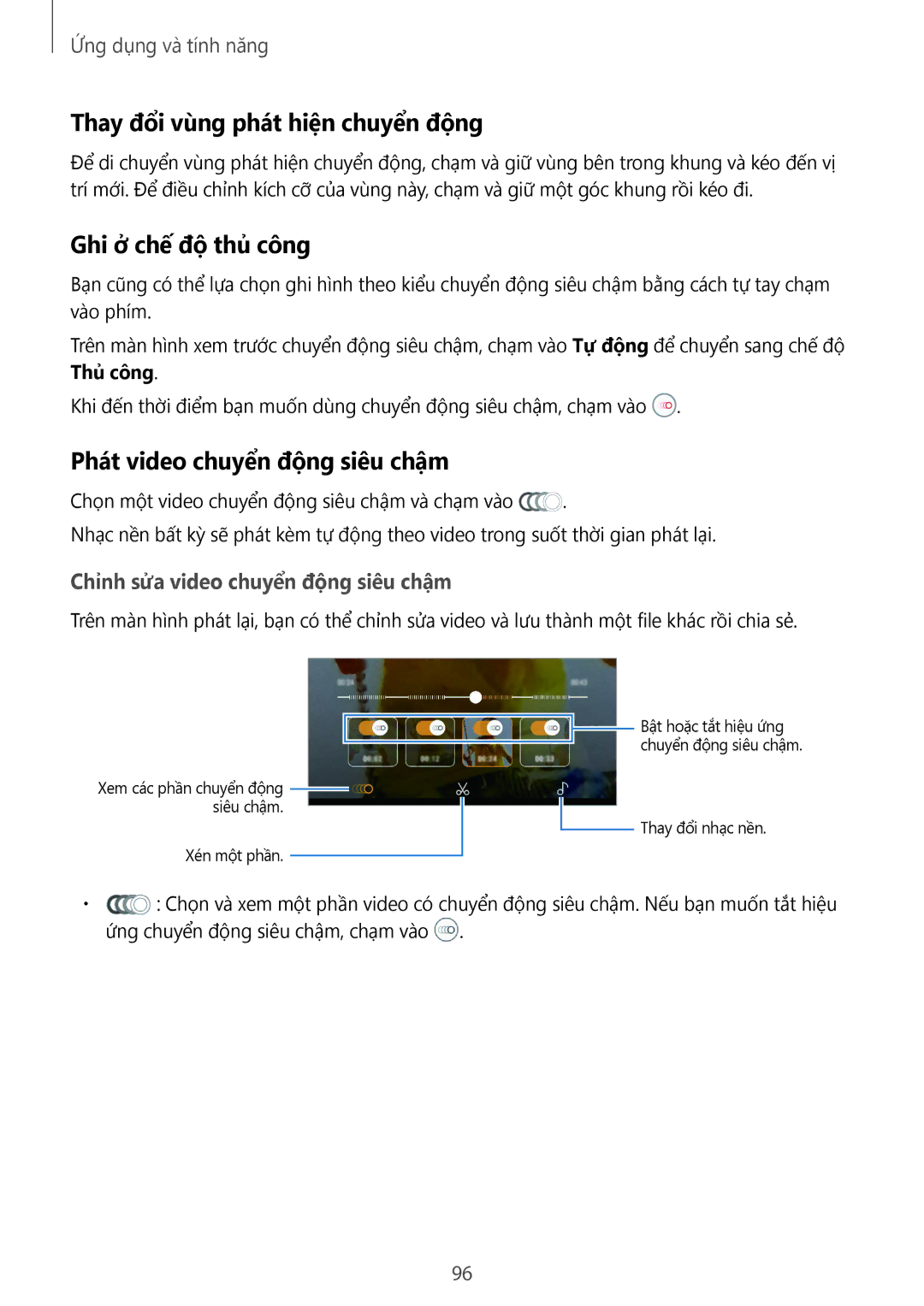 Samsung SM-G965FZKDXXV manual Thay đổi vùng phát hiện chuyển động, Ghi ở chế độ thủ công, Phát video chuyển động siêu chậm 