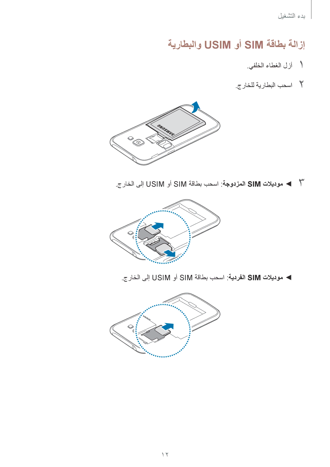 Samsung SM-J100FZBDKSA, SM-J100FZWDKSA, SM-J100HZWDKSA, SM-J100HZBDKSA, SM-J100FZBNKSA manual ةيراطبلاو Usim وأ SIM ةقاطب ةلازإ 