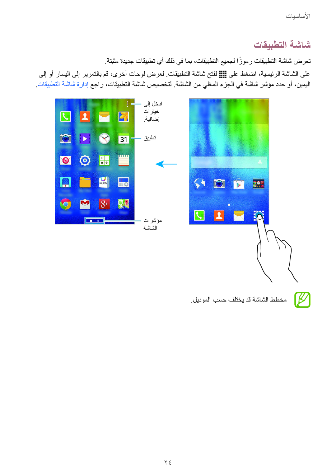 Samsung SM-J100FZBDKSA, SM-J100FZWDKSA, SM-J100HZWDKSA, SM-J100HZBDKSA manual تاقيبطتلا ةشاش, ليدوملا بسح فلتخي دق ةشاشلا ططخم 