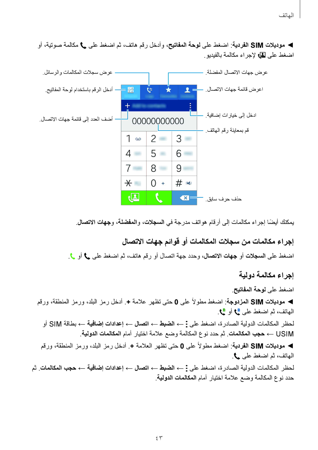 Samsung SM-J100FZWDKSA لاصتلاا تاهج مئاوق وأ تاملاكملا تلاجس نم تاملاكم ءارجإ, ةيلود ةملاكم ءارجإ, حيتافملا ةحول ىلع طغضا 