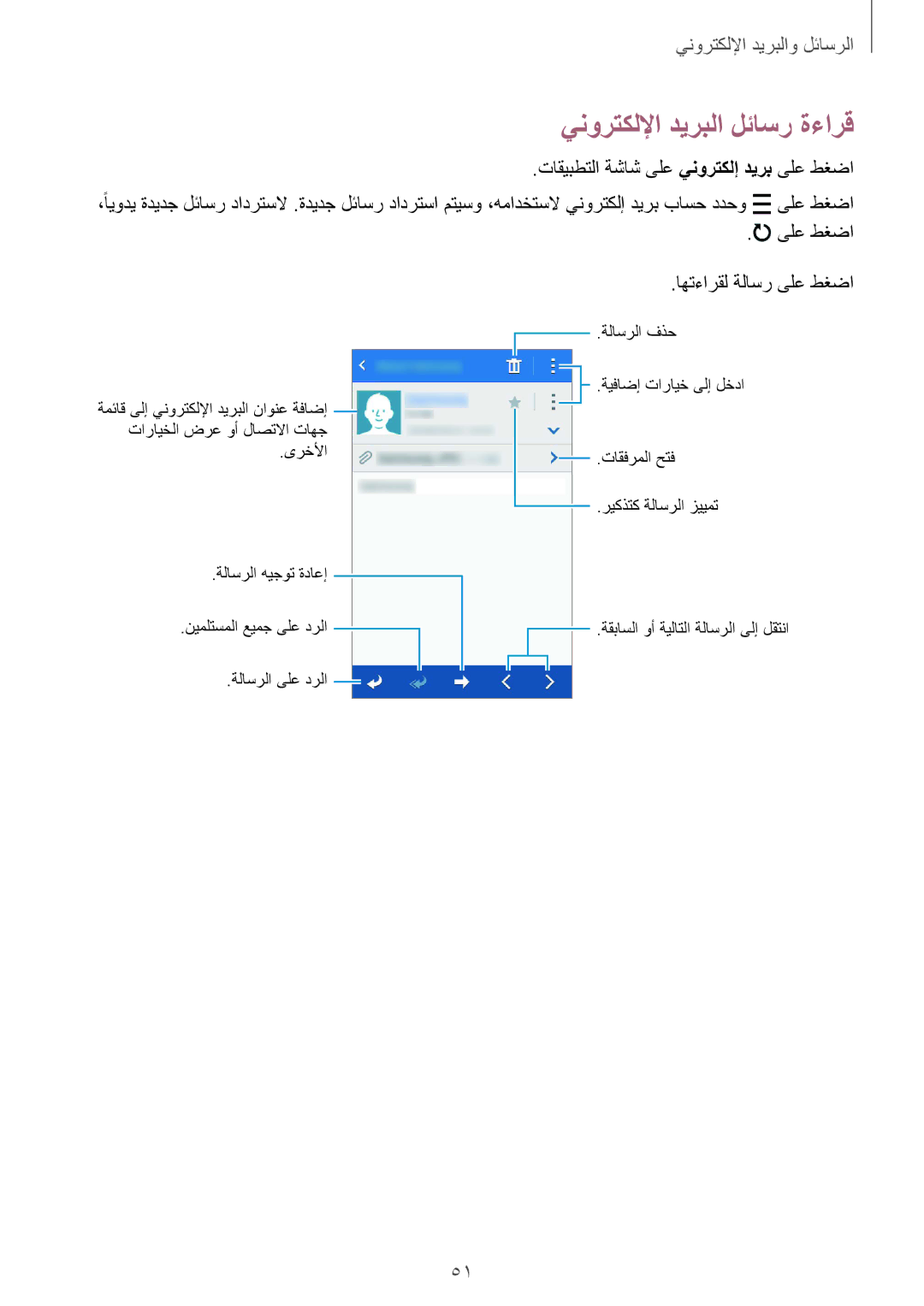 Samsung SM-J100HZBDKSA, SM-J100FZBDKSA manual ينورتكللإا ديربلا لئاسر ةءارق, تاقيبطتلا ةشاش ىلع ينورتكلإ ديرب ىلع طغضا 