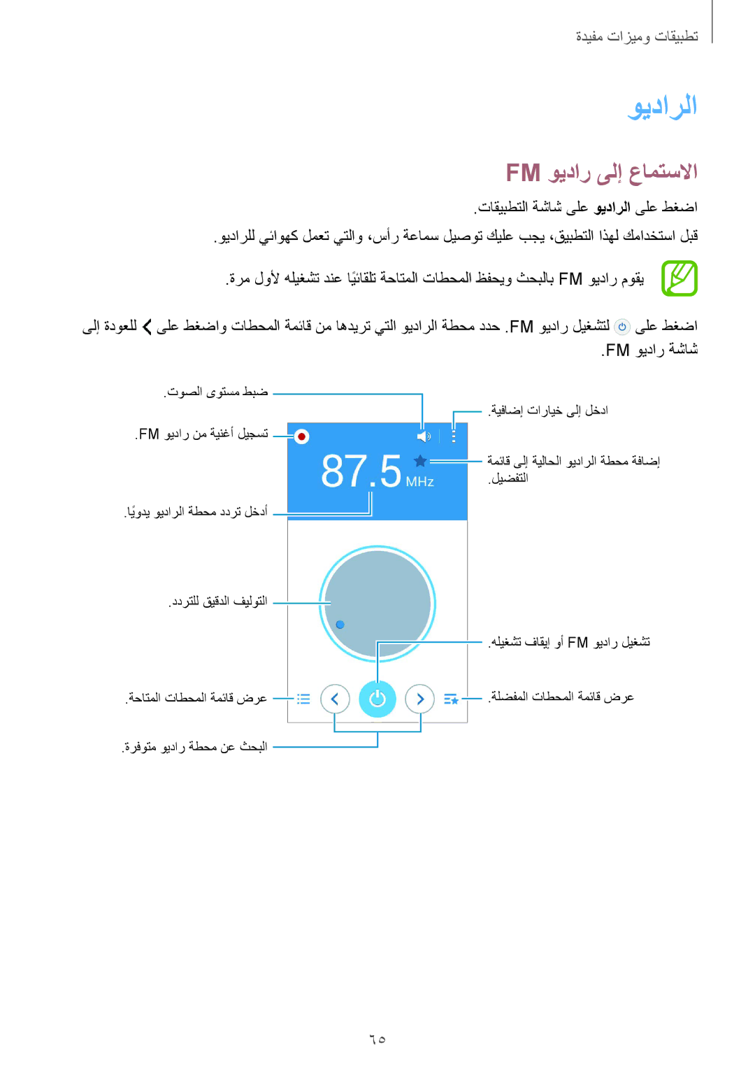 Samsung SM-J100FZWNKSA, SM-J100FZBDKSA manual Fm ويدار ىلإ عامتسلاا, تاقيبطتلا ةشاش ىلع ويدارلا ىلع طغضا, Fm ويدار ةشاش 