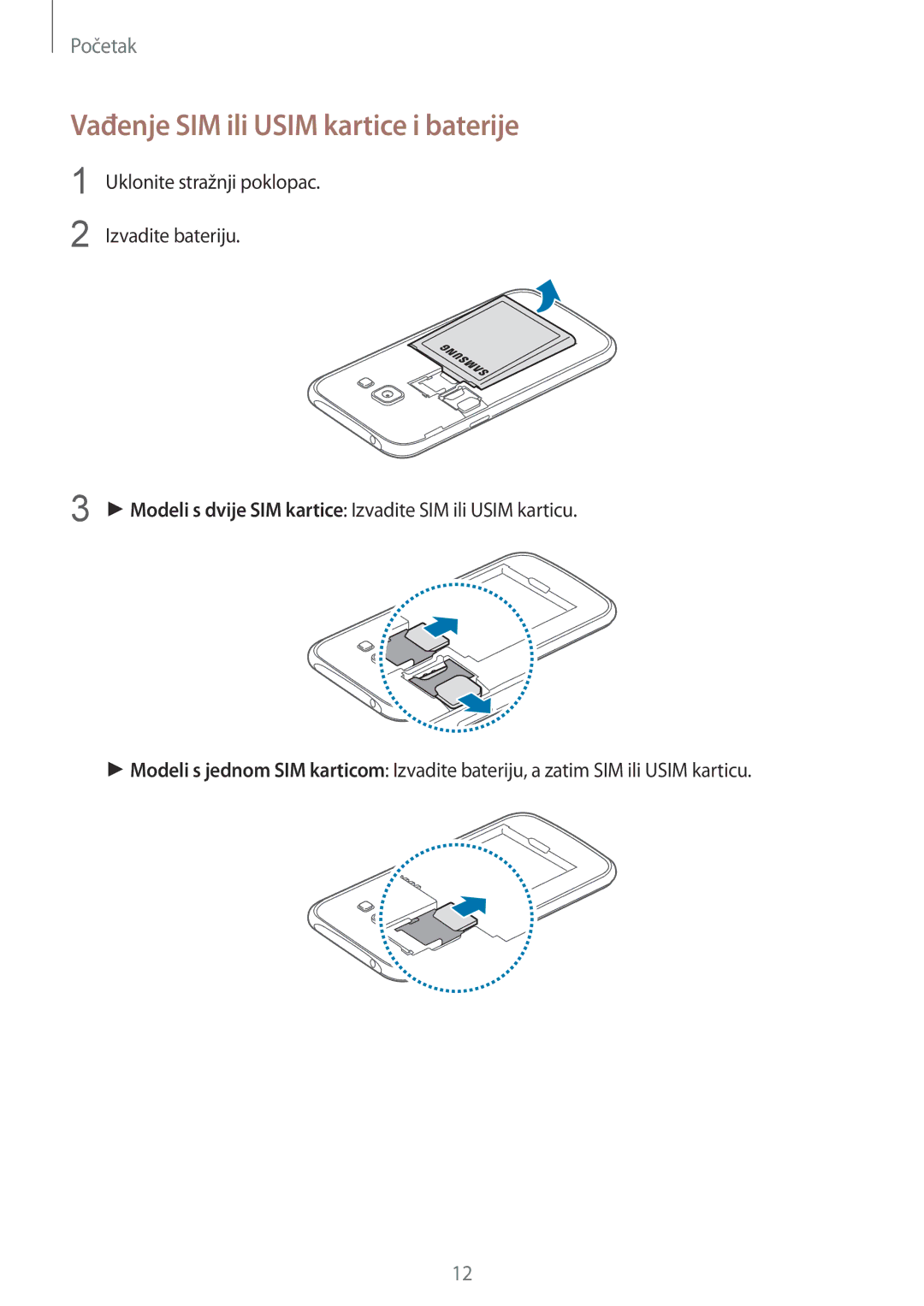 Samsung SM-J100HZBDSEE, SM-J100HZWASEE manual Vađenje SIM ili Usim kartice i baterije 