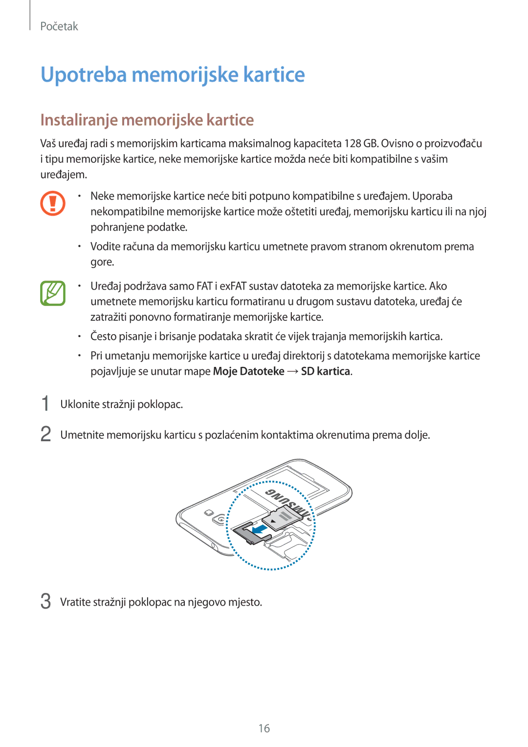 Samsung SM-J100HZBDSEE, SM-J100HZWASEE manual Upotreba memorijske kartice, Instaliranje memorijske kartice 