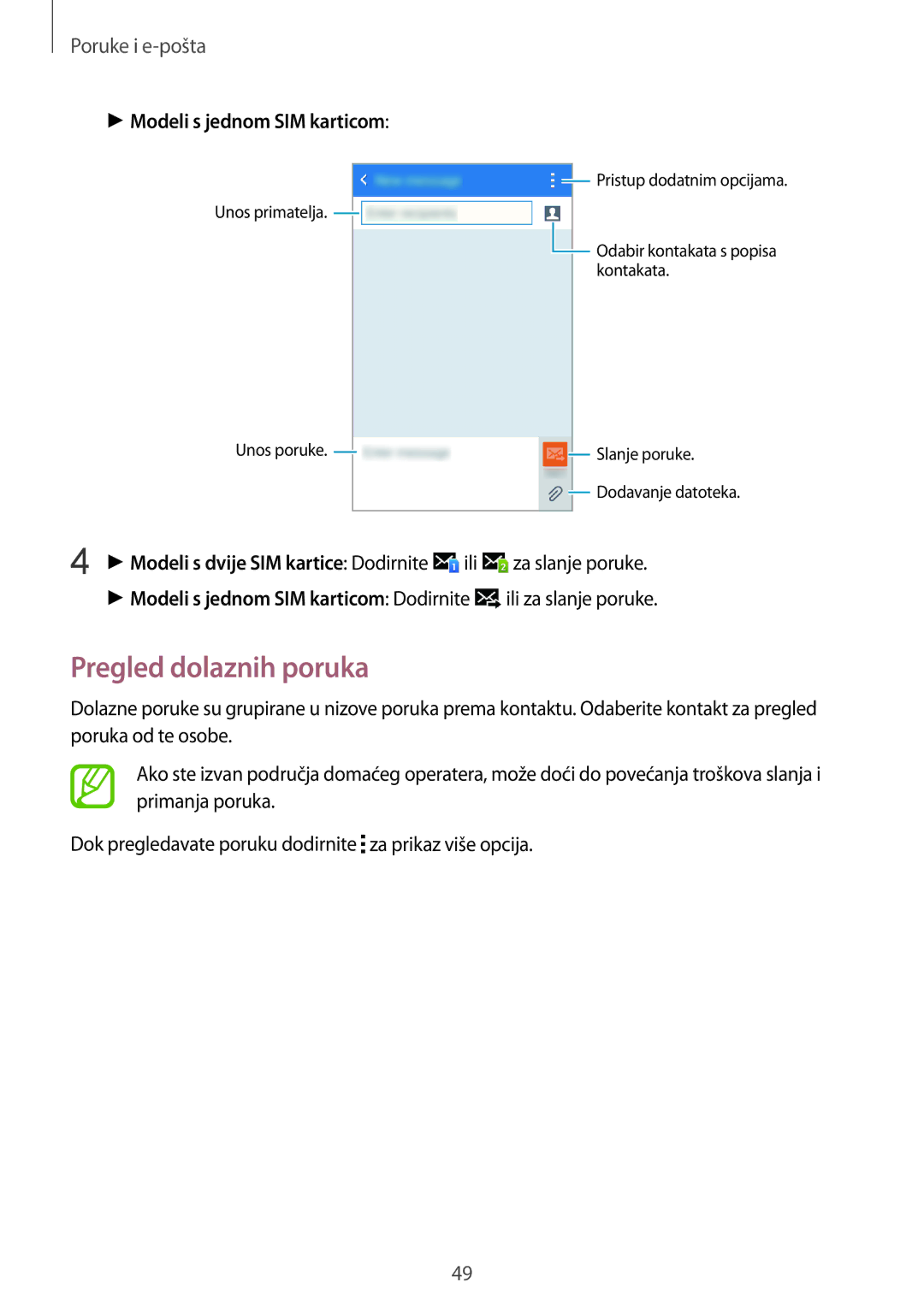 Samsung SM-J100HZWASEE, SM-J100HZBDSEE manual Pregled dolaznih poruka, Modeli s jednom SIM karticom 