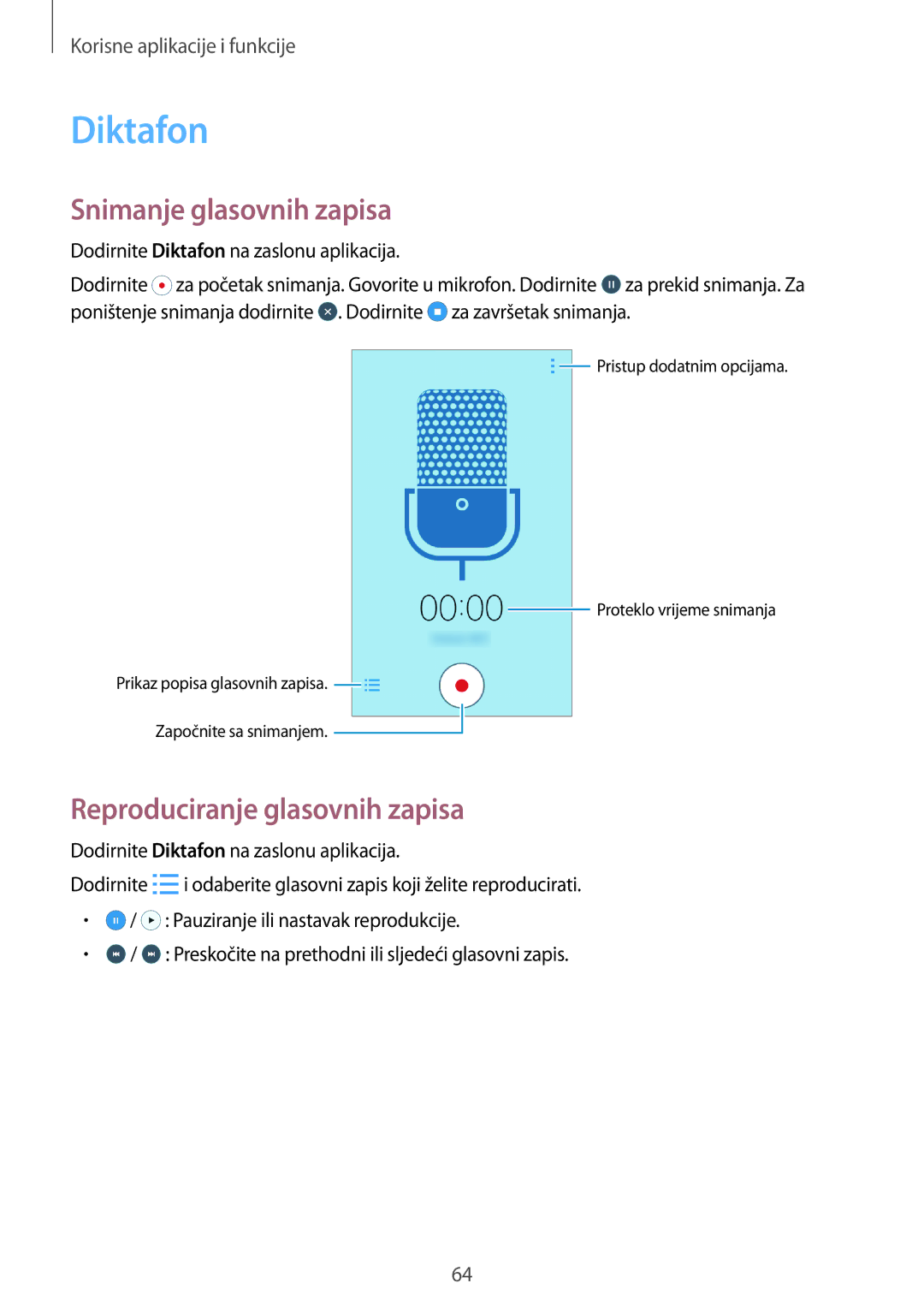 Samsung SM-J100HZBDSEE, SM-J100HZWASEE manual Diktafon, Snimanje glasovnih zapisa, Reproduciranje glasovnih zapisa 