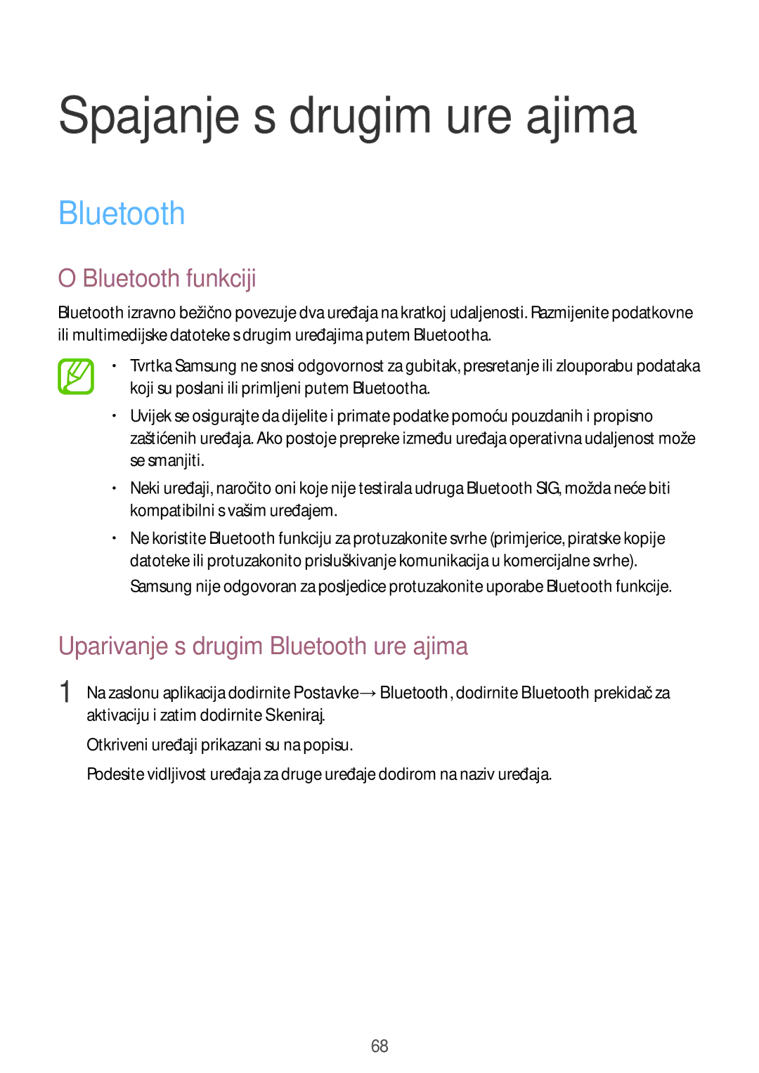 Samsung SM-J100HZBDSEE manual Spajanje s drugim uređajima, Bluetooth funkciji, Uparivanje s drugim Bluetooth uređajima 