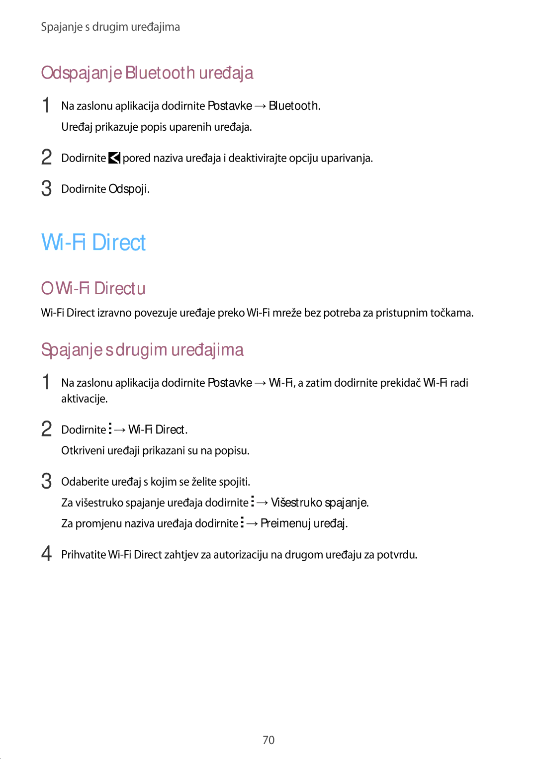 Samsung SM-J100HZBDSEE, SM-J100HZWASEE manual Odspajanje Bluetooth uređaja, Wi-Fi Directu, Spajanje s drugim uređajima 