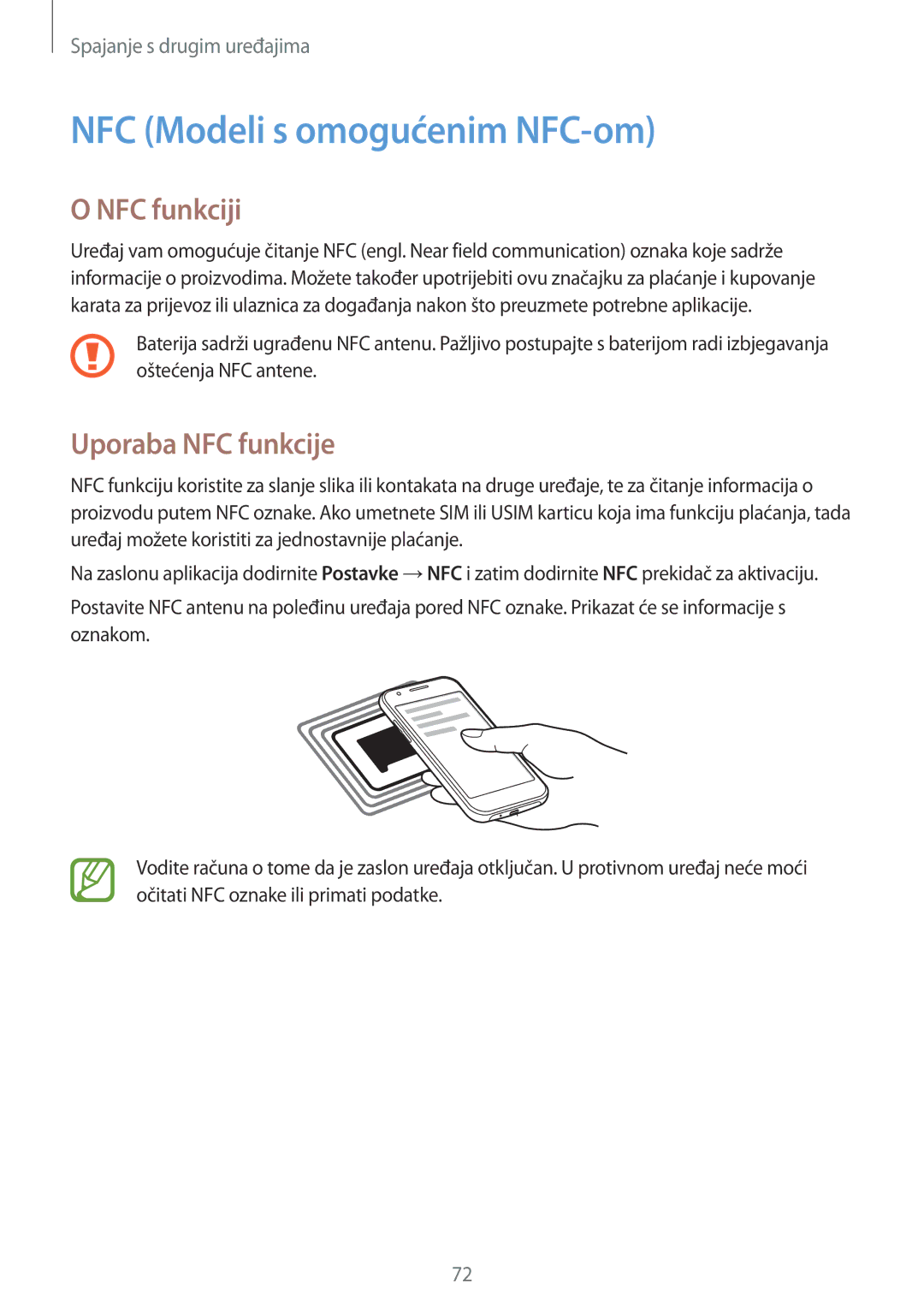 Samsung SM-J100HZBDSEE, SM-J100HZWASEE manual NFC Modeli s omogućenim NFC-om, NFC funkciji, Uporaba NFC funkcije 