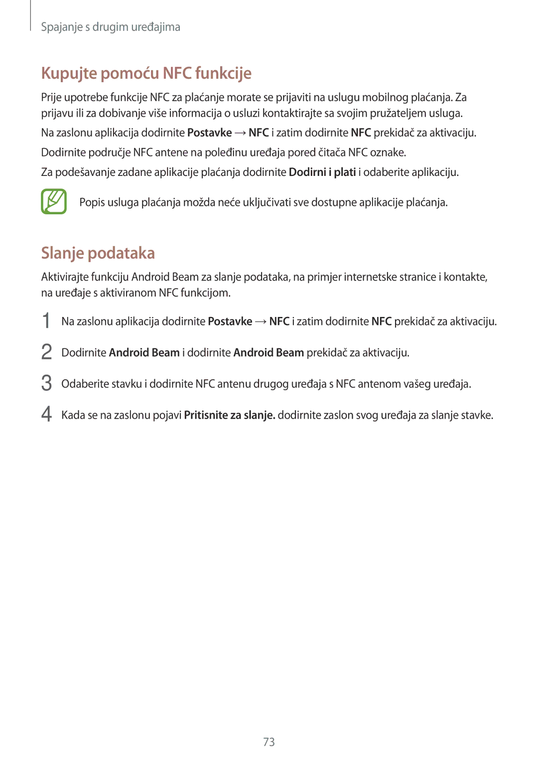 Samsung SM-J100HZWASEE, SM-J100HZBDSEE manual Kupujte pomoću NFC funkcije, Slanje podataka 