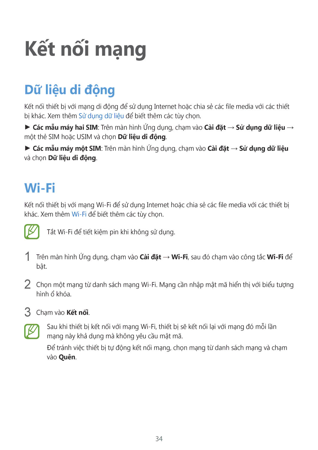 Samsung SM-J100HZBDXEV manual Kết nối mạng, Dữ liệu di động, Wi-Fi 