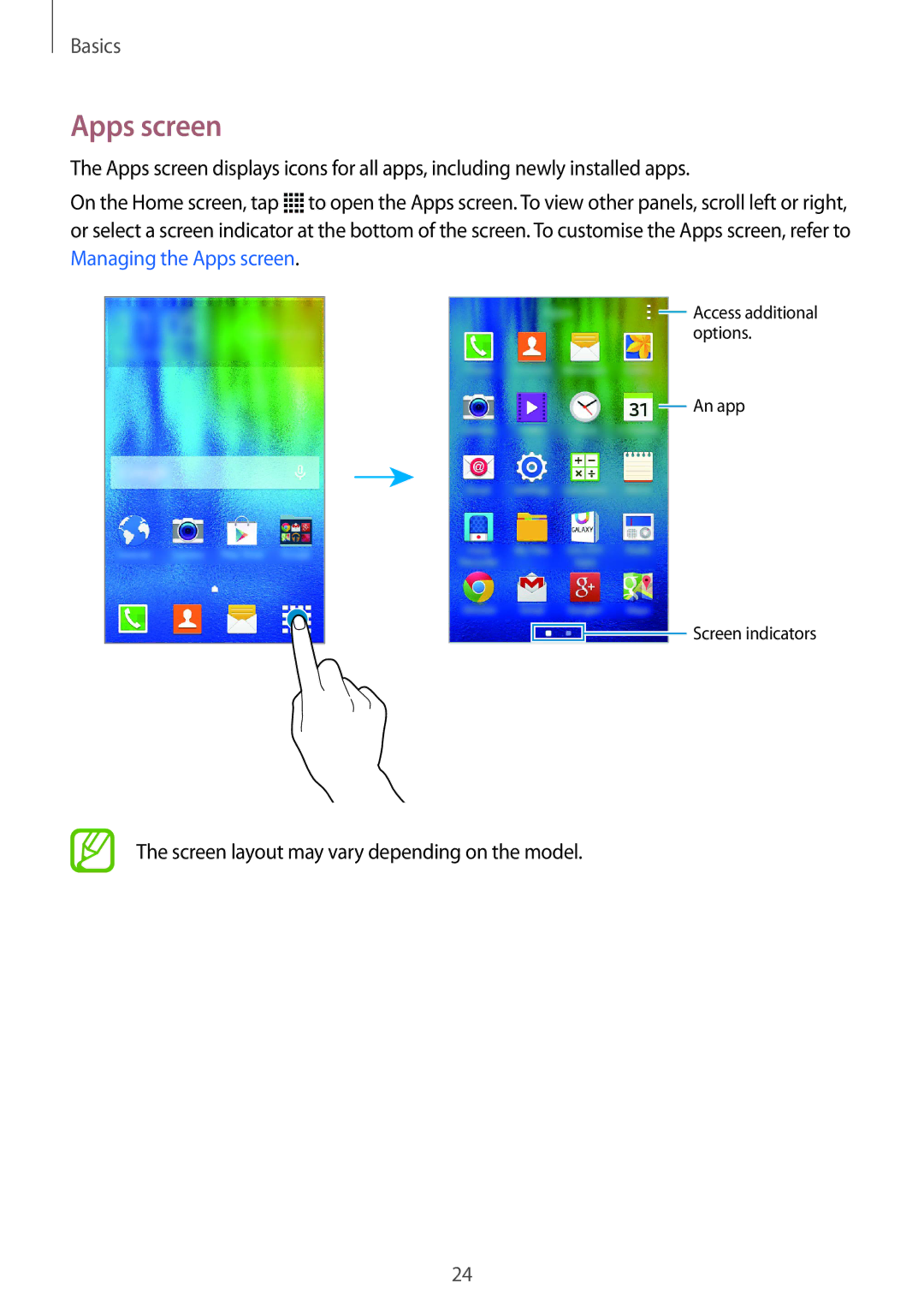 Samsung SM2J100HZKADBT, SM-J100HZKAPLS, SM-J100HZBAPRT, SM-J100HZBADBT, SM2J100HZWADBT, SM-J100HZWDATO manual Apps screen 