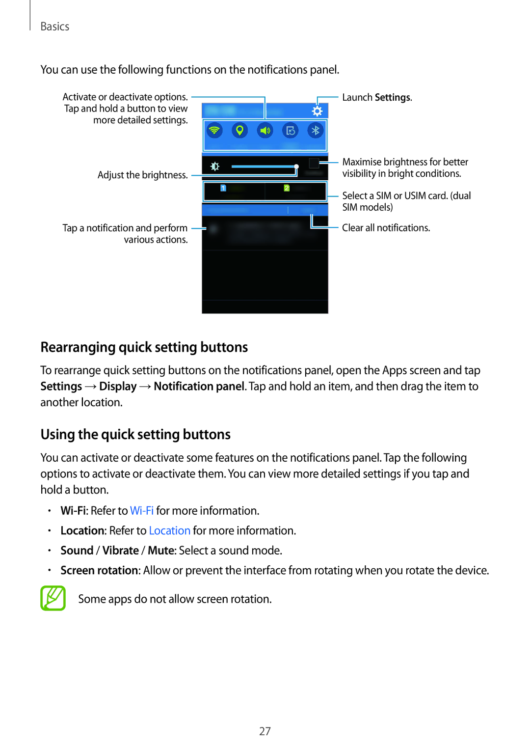 Samsung SM-J100HZKASEB, SM-J100HZKAPLS, SM-J100HZBAPRT Rearranging quick setting buttons, Using the quick setting buttons 