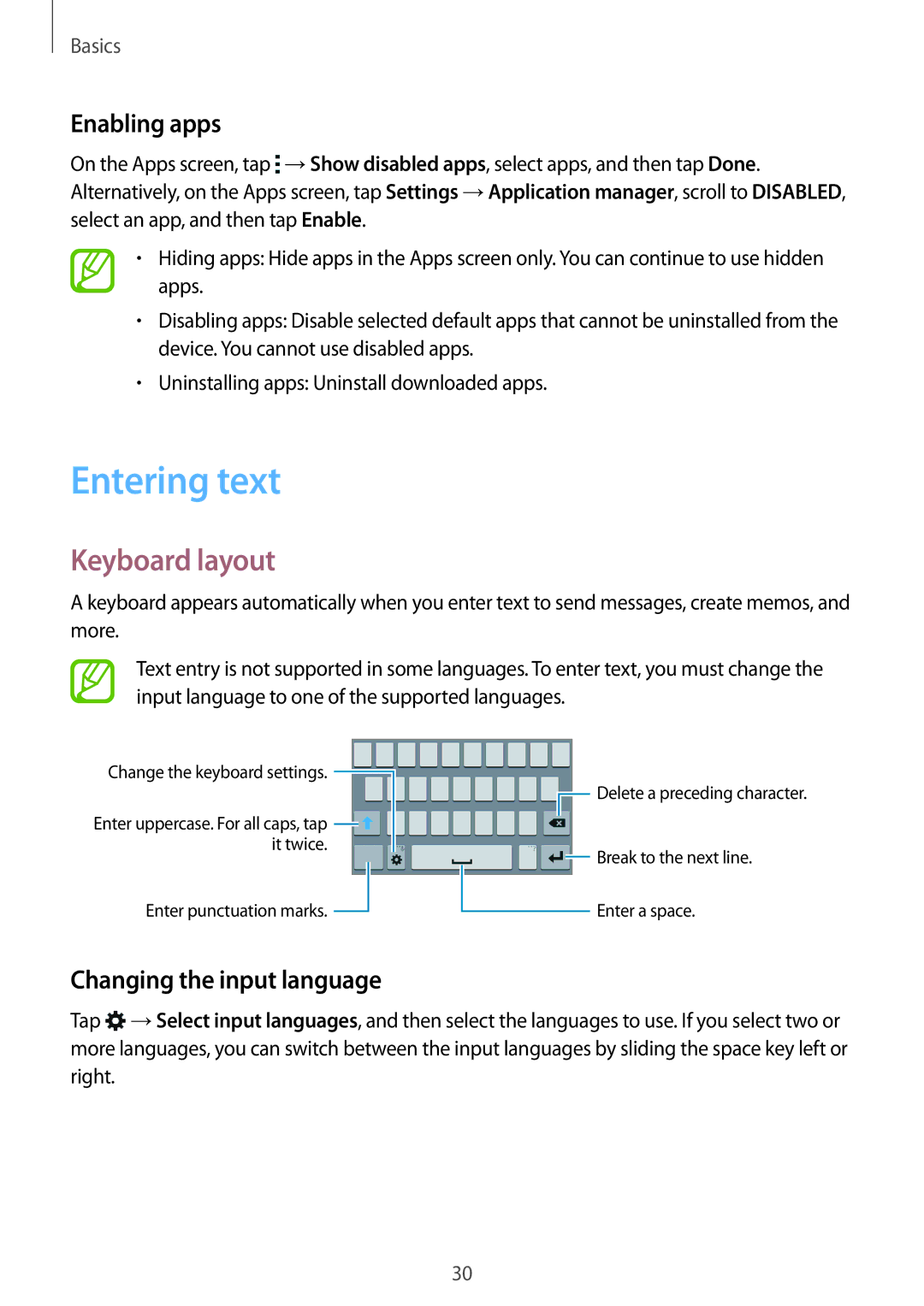 Samsung SM2J100HZKAVIA, SM-J100HZKAPLS manual Entering text, Keyboard layout, Enabling apps, Changing the input language 