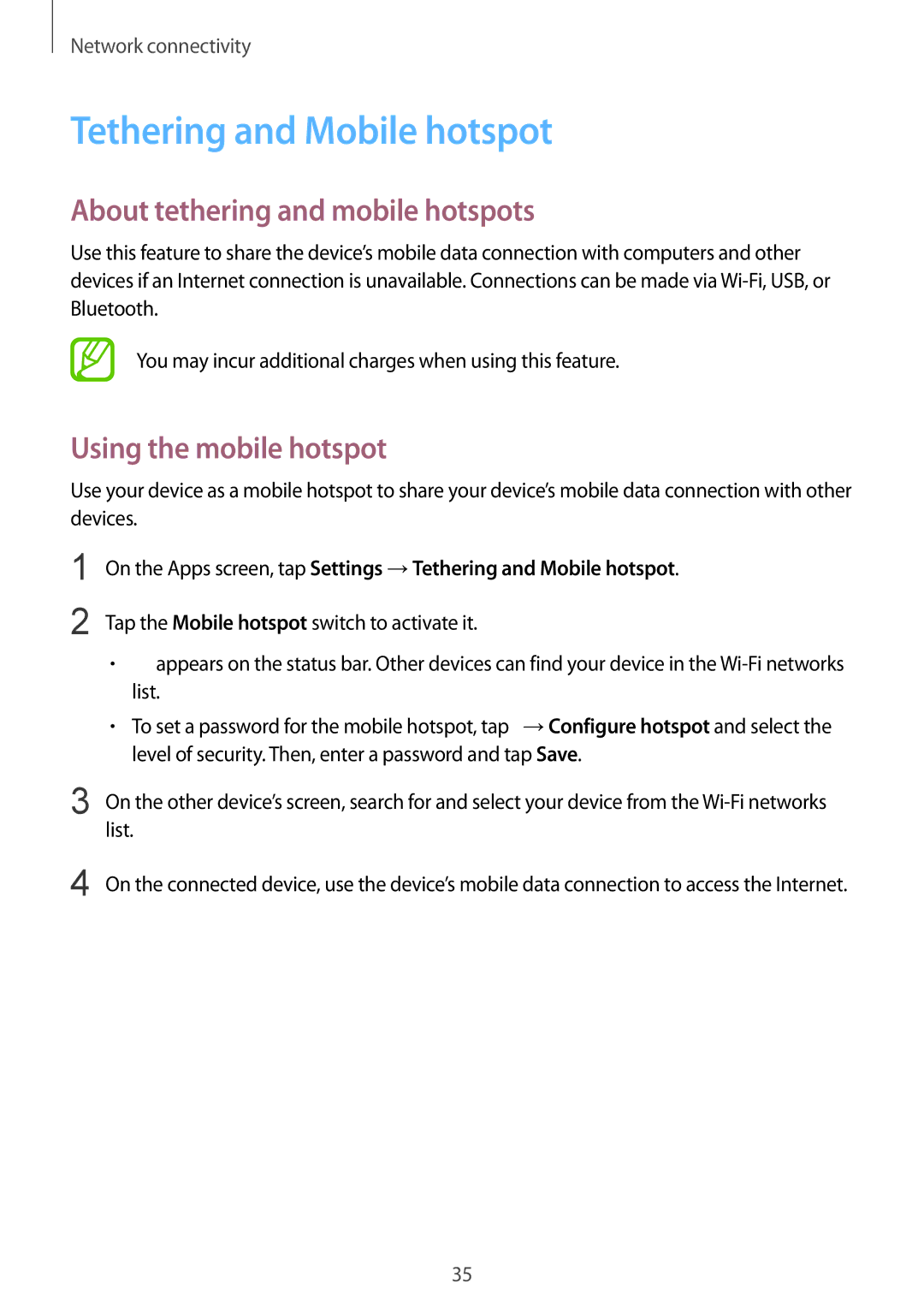 Samsung SM-J100HZWADBT manual Tethering and Mobile hotspot, About tethering and mobile hotspots, Using the mobile hotspot 