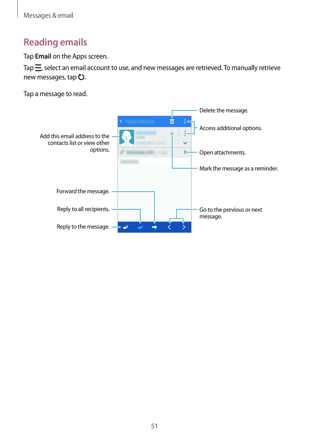 Samsung SM-J100HZKAPHN, SM-J100HZKAPLS, SM-J100HZBAPRT, SM-J100HZBADBT, SM2J100HZWADBT, SM-J100HZWDATO manual Reading emails 