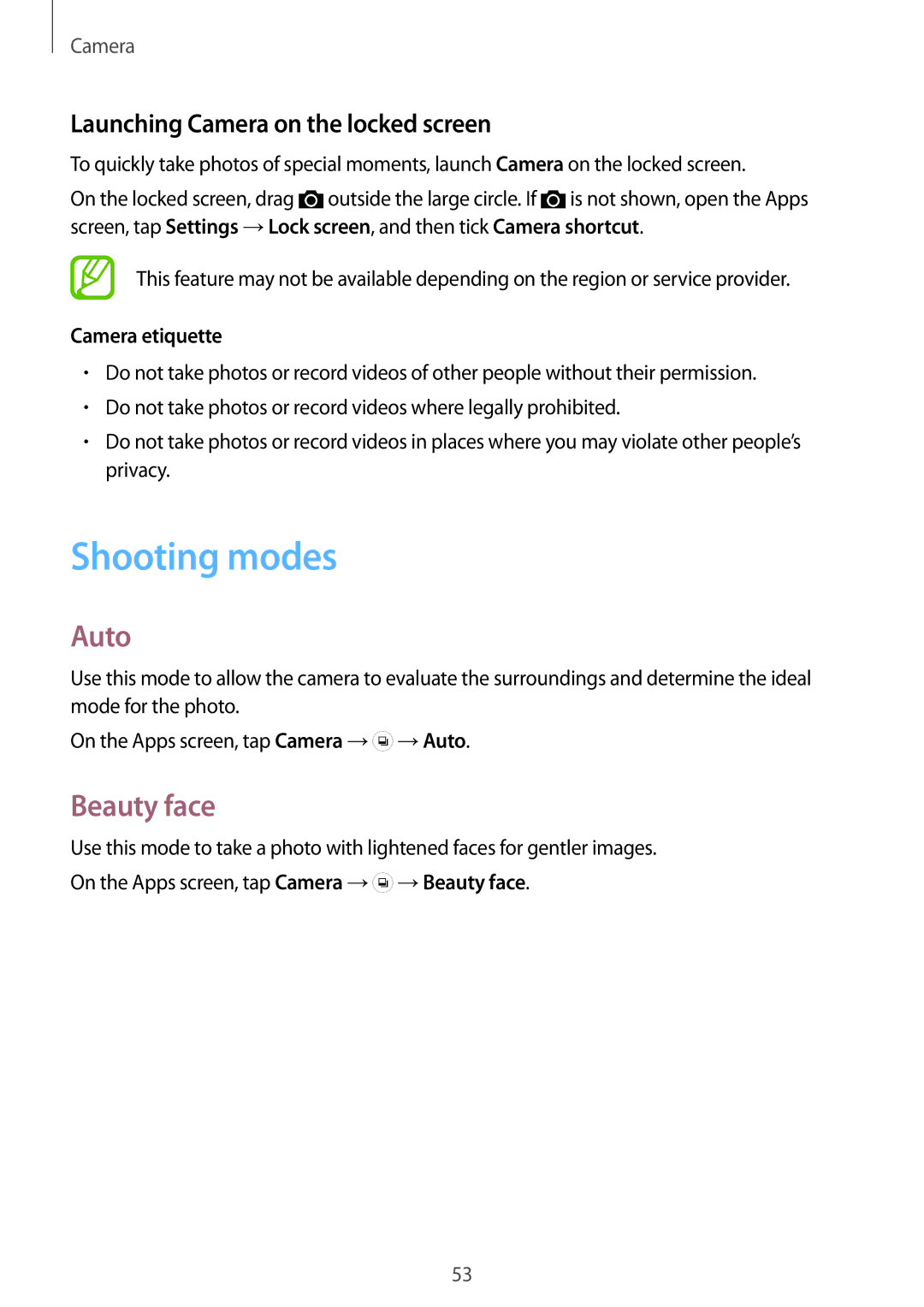 Samsung SM-J100HZKAITV manual Shooting modes, Auto, Beauty face, Launching Camera on the locked screen, Camera etiquette 