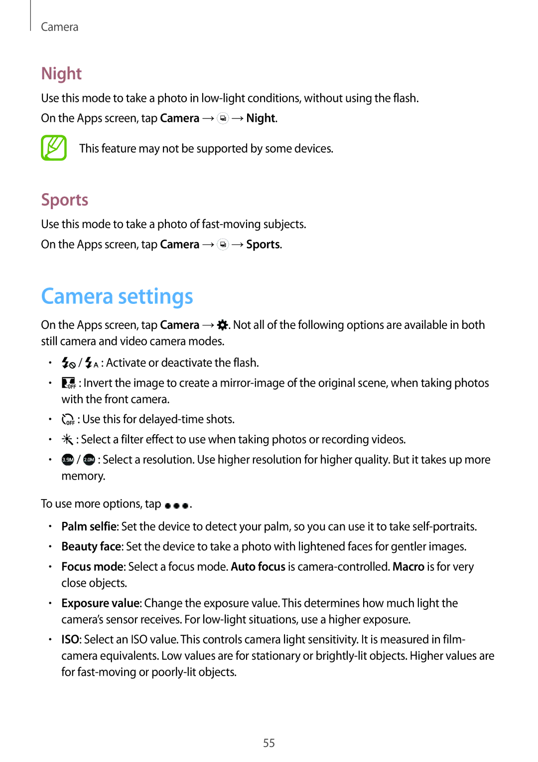 Samsung SM-J100HZBDKSA, SM-J100HZKAPLS, SM-J100HZBAPRT, SM-J100HZBADBT, SM2J100HZWADBT manual Camera settings, Night, Sports 