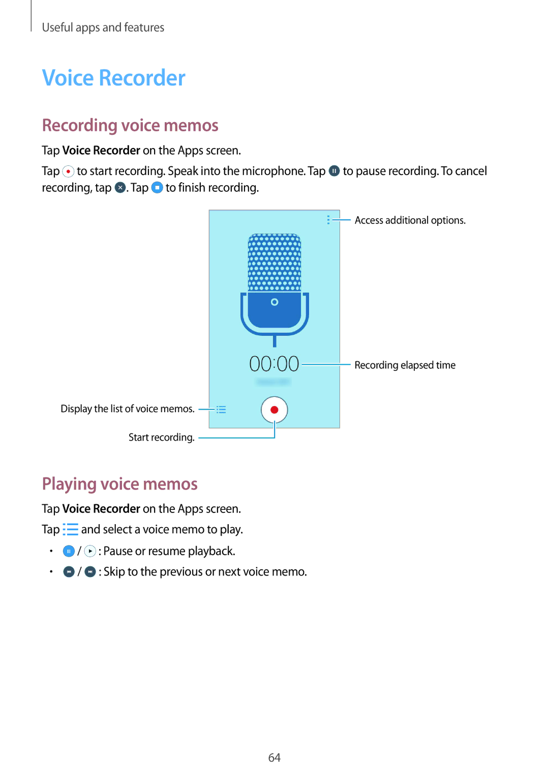 Samsung SM-J100HZBAVVT, SM-J100HZKAPLS, SM-J100HZBAPRT manual Voice Recorder, Recording voice memos, Playing voice memos 