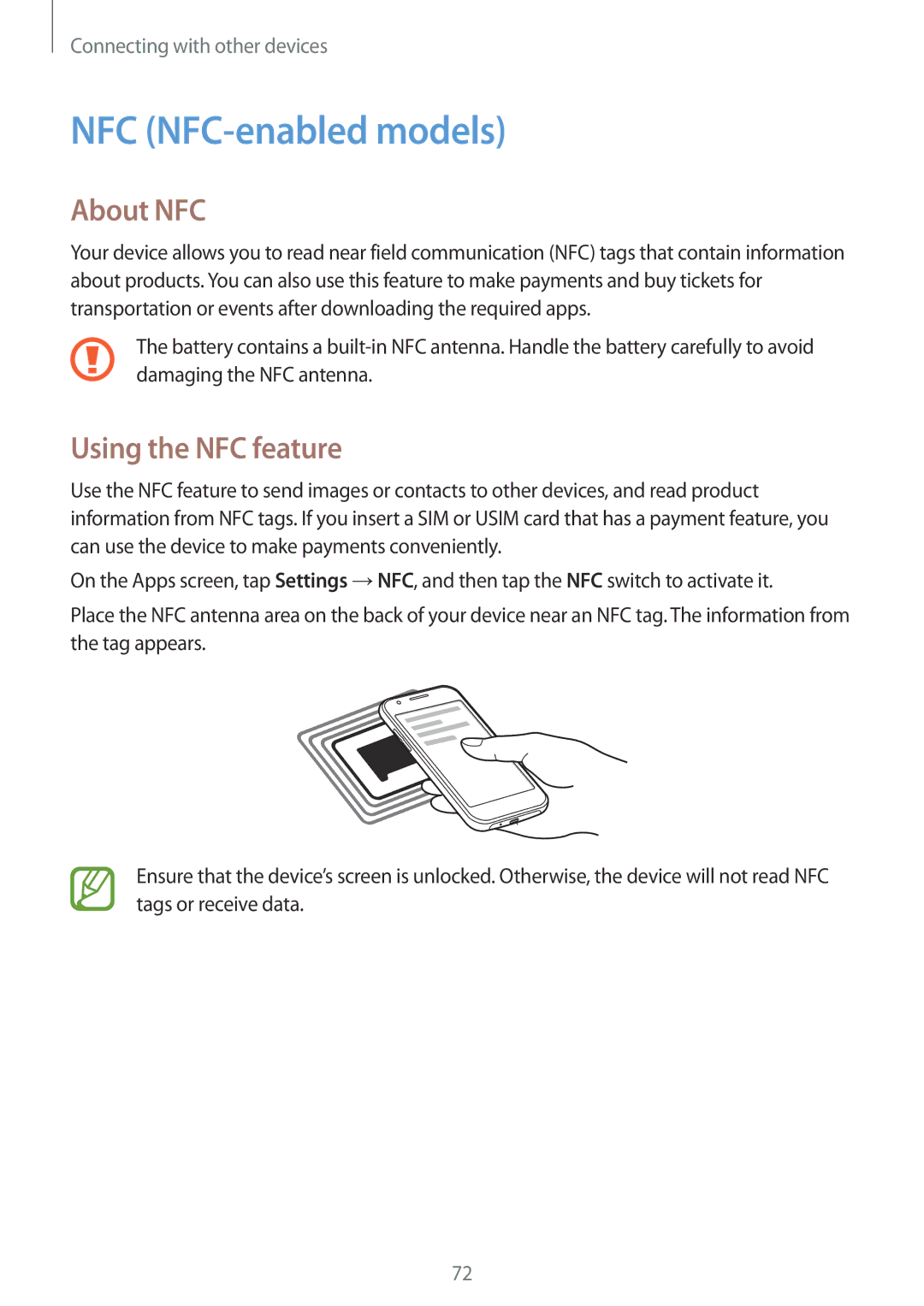 Samsung SM2J100HZKAORX, SM-J100HZKAPLS, SM-J100HZBAPRT manual NFC NFC-enabled models, About NFC, Using the NFC feature 