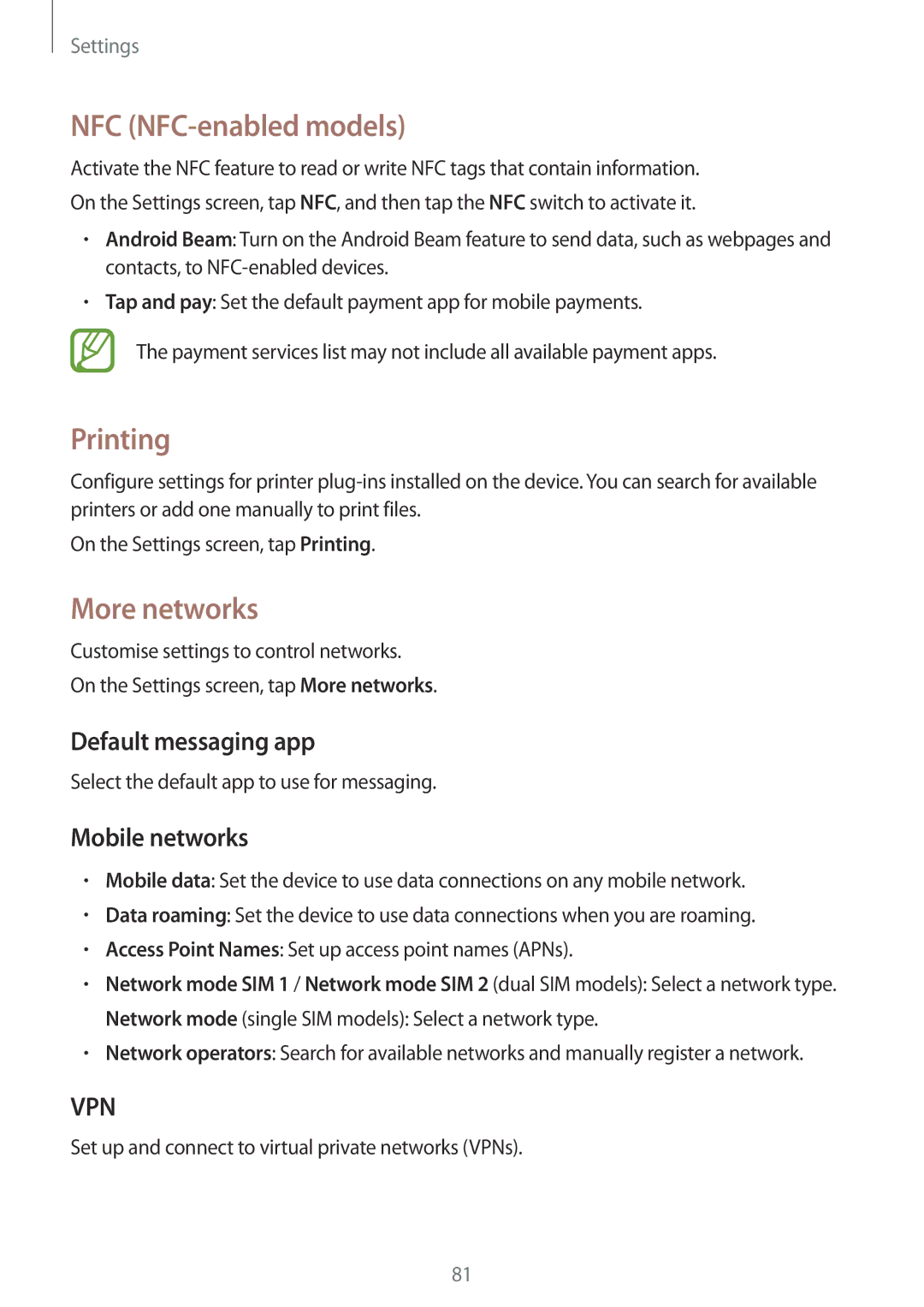 Samsung SM-J100HZBDXEH manual NFC NFC-enabled models, Printing, More networks, Default messaging app, Mobile networks 