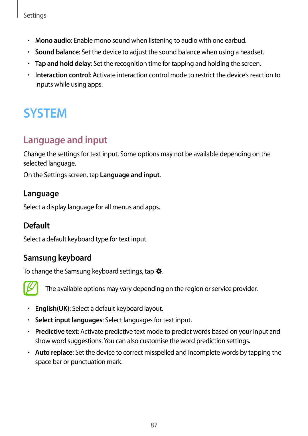 Samsung SM-J100HZWDXEO, SM-J100HZKAPLS, SM-J100HZBAPRT, SM-J100HZBADBT manual Language and input, Default, Samsung keyboard 