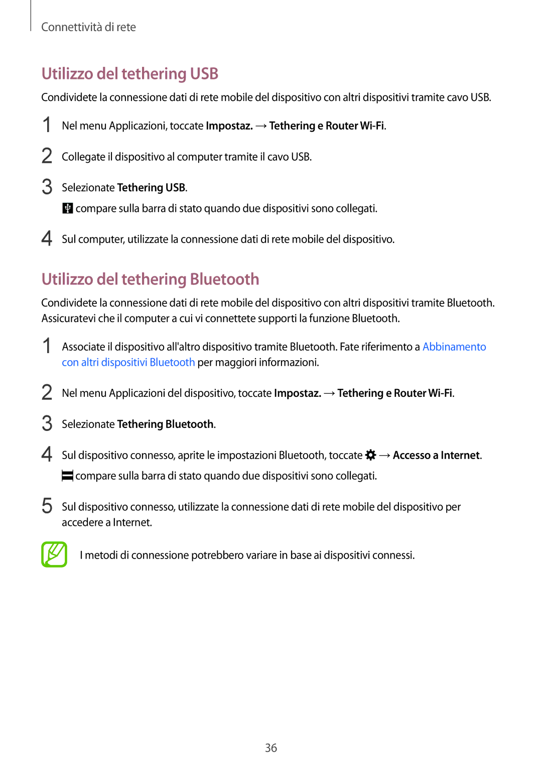 Samsung SM-J100HZBAITV manual Utilizzo del tethering USB, Utilizzo del tethering Bluetooth, Selezionate Tethering Bluetooth 