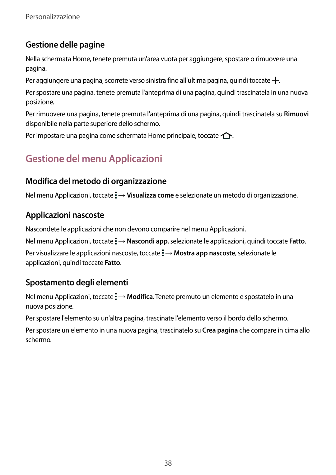 Samsung SM-J100HZKATIM manual Gestione del menu Applicazioni, Gestione delle pagine, Modifica del metodo di organizzazione 