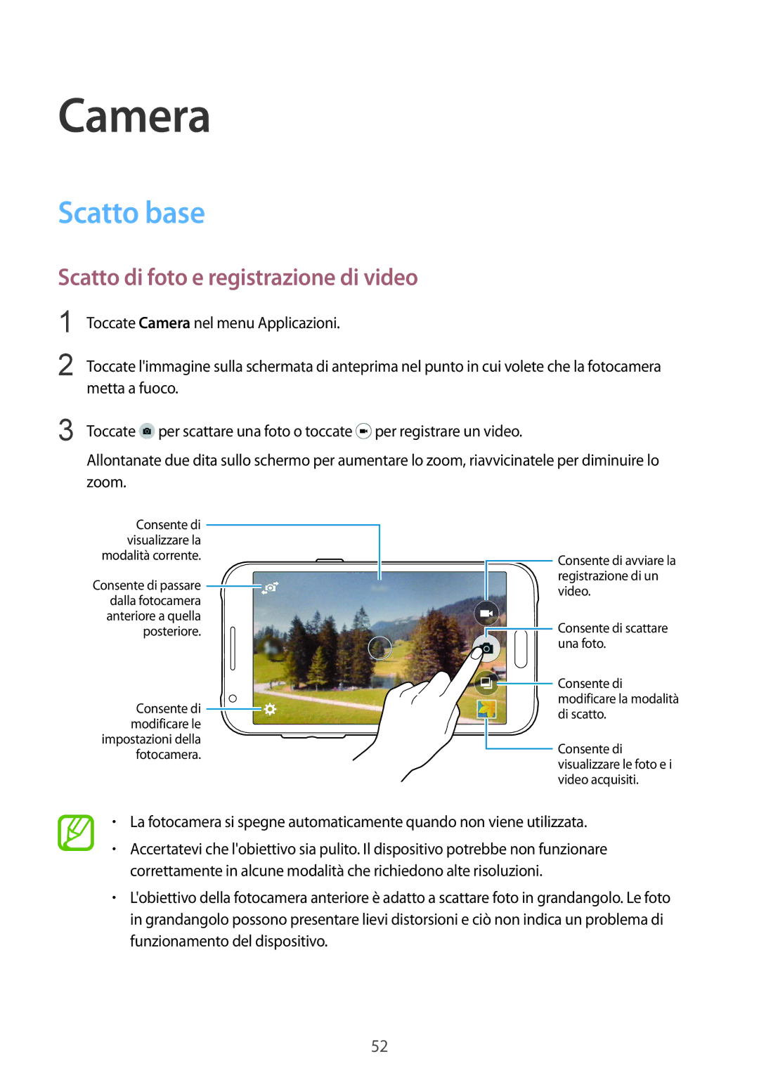 Samsung SM-J100HZWAPRT, SM-J100HZKAPLS, SM-J100HZBAPRT manual Camera, Scatto base, Scatto di foto e registrazione di video 